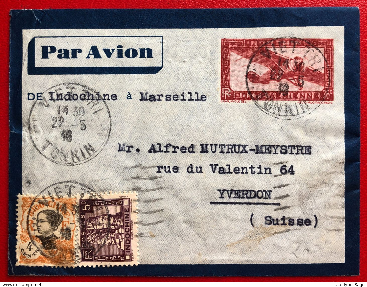 Indochine, Entier-Avion + Complément TAD VIET TRI, Tonkin 22.5.1936, Pour La Suisse - (A221) - Brieven En Documenten