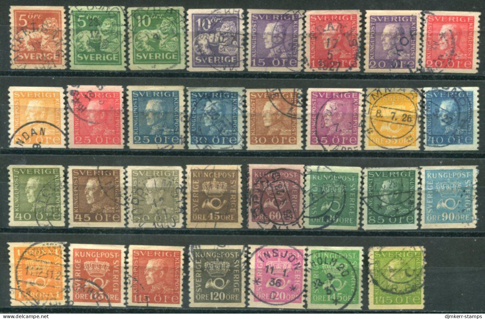 SWEDEN 1921-36 Definitive Set On Toned Paper Coil Perforation, Complete Except 70 Öre, Used.  Michel 174 - 207 I WA - Used Stamps