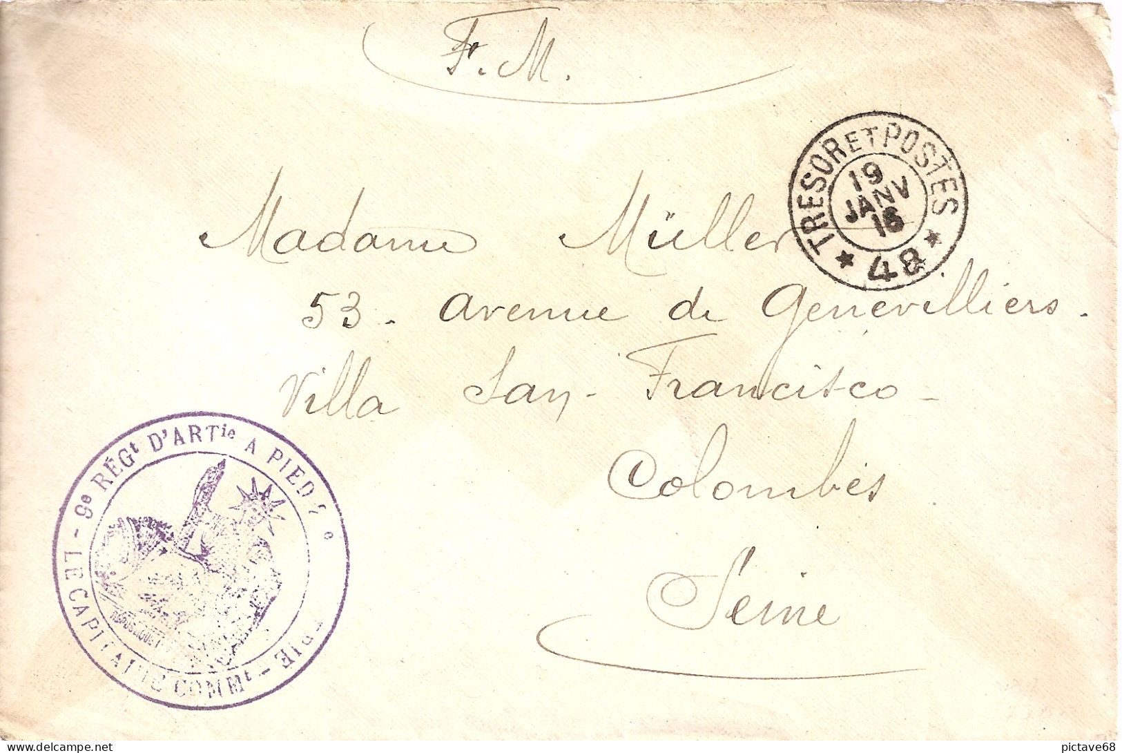 FRANCE / ENVELOPPE EN FRANCHISE MILITAIRE OBLITERATION TRESOR ET POSTE  SECTEUR 48 DU 19 JANV 1916 - WW I
