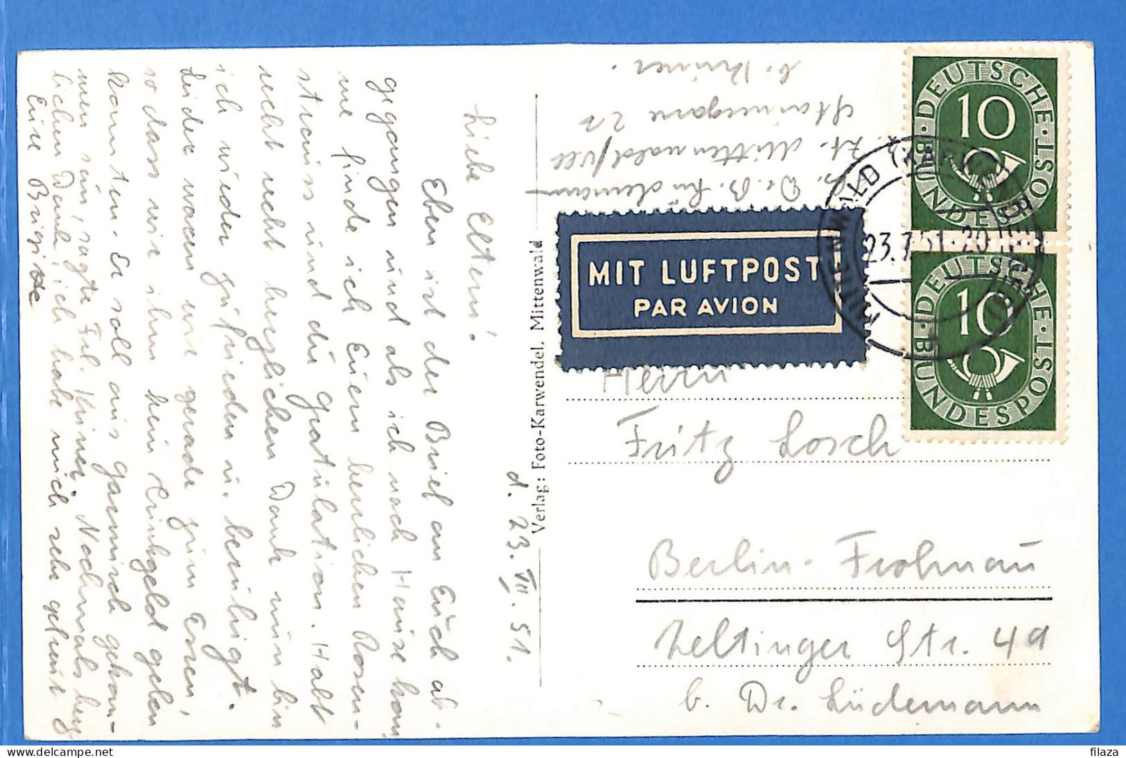 Allemagne Republique Federale 1951 Carte Postale Par Avion De Mittenwald (G18852) - Cartas & Documentos