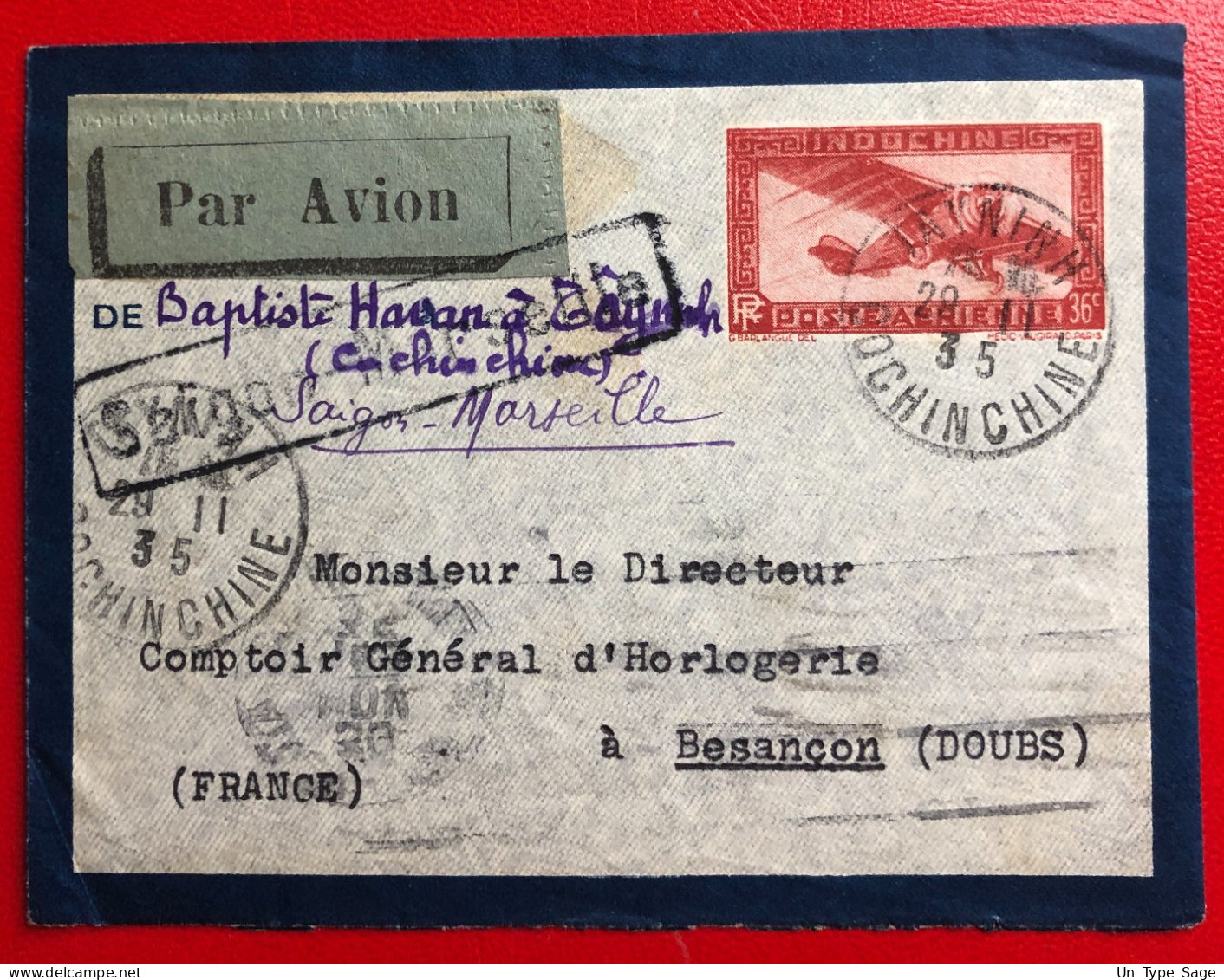 Indochine, Entier-Avion TAD TAY NINH, Tonkin 29.11.1935 Pour La France - (A362) - Covers & Documents