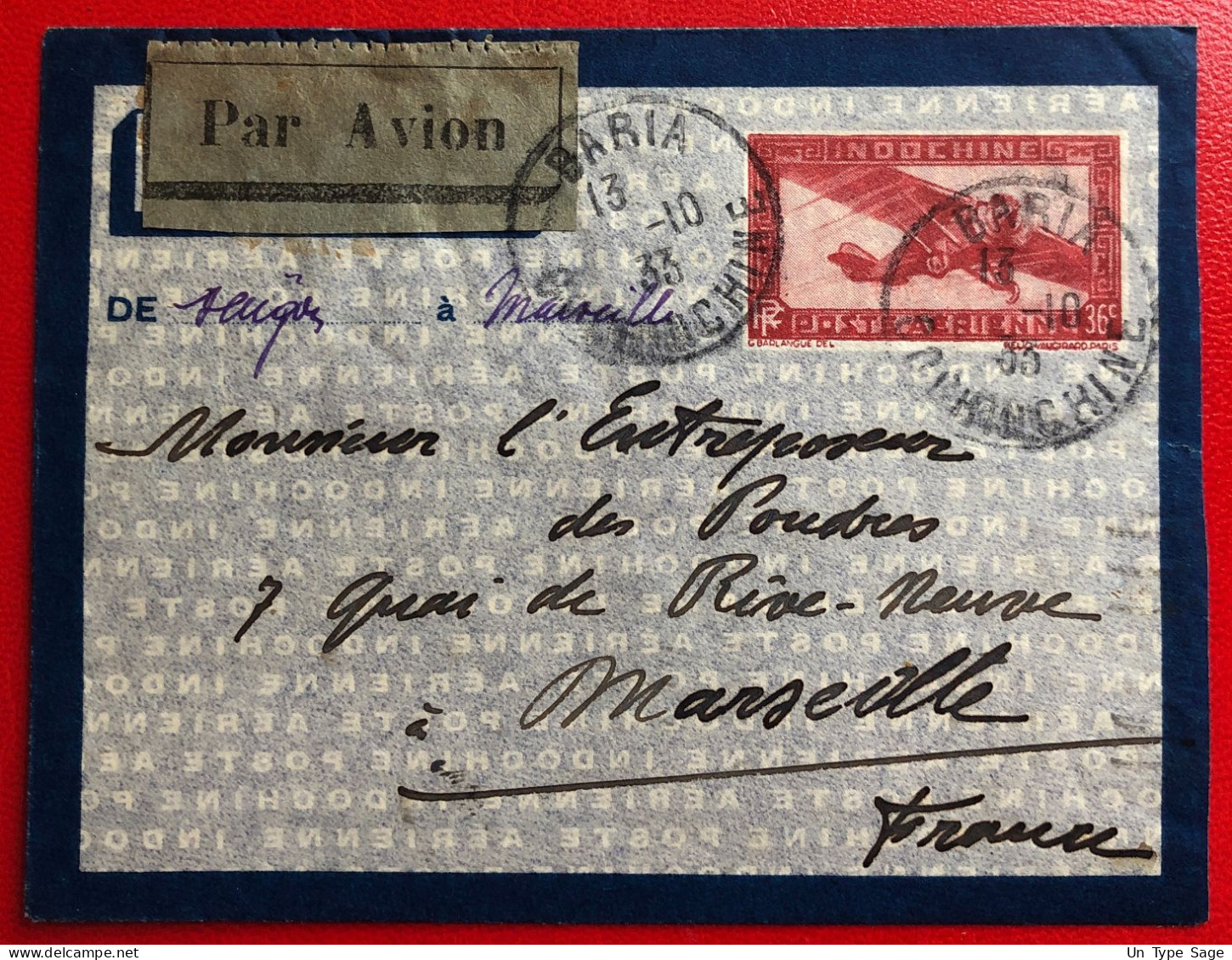 Indochine, Entier-Avion TAD BARIA, Cochinchine ??.10.1933 Pour La France - (A363) - Brieven En Documenten