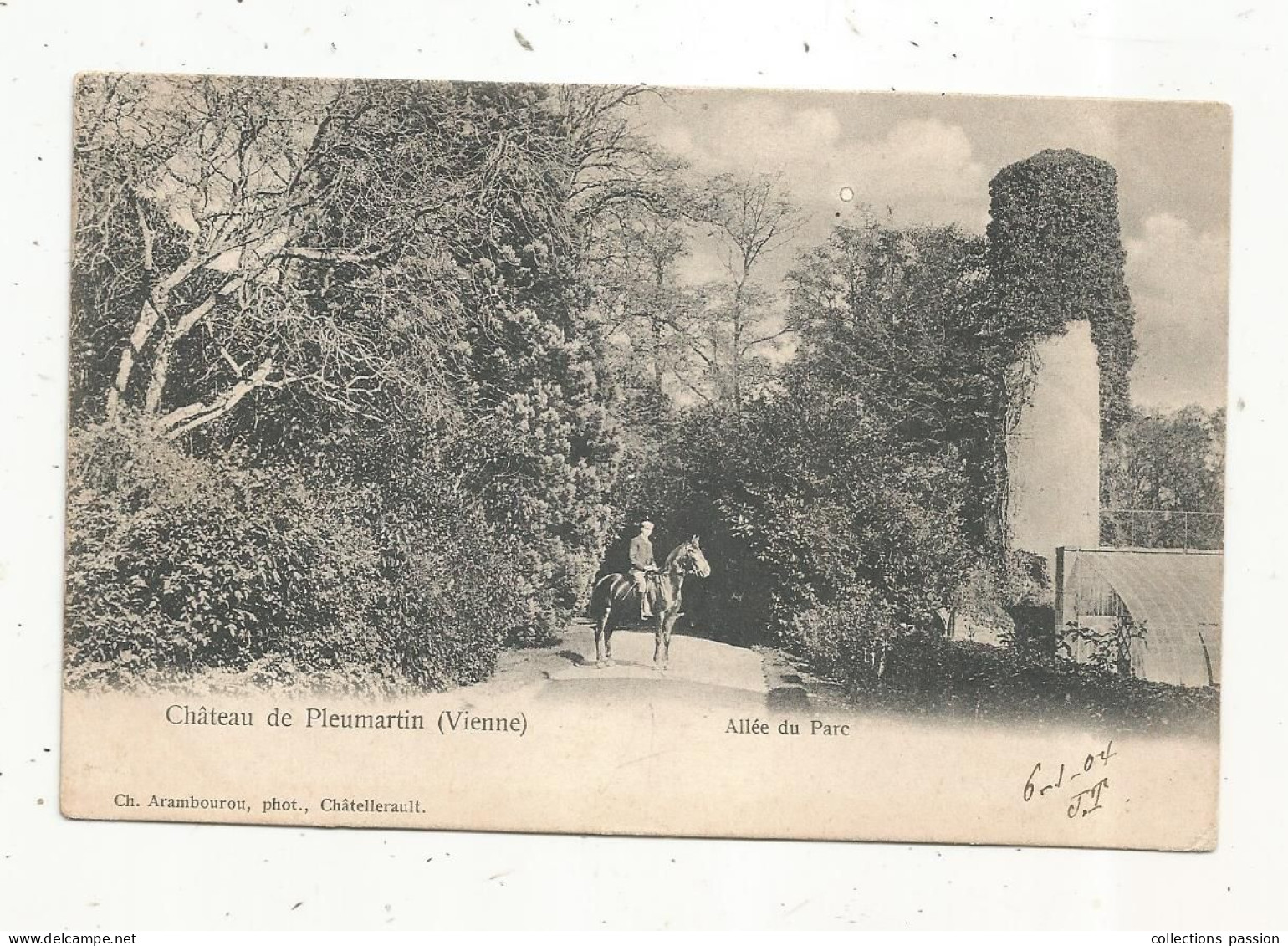 JC, Cp, 86, PLEUMARTIN, Château , Allée Du Parc , Cavalier , Cheval , Dos Simple , Voyagée 1904 - Pleumartin