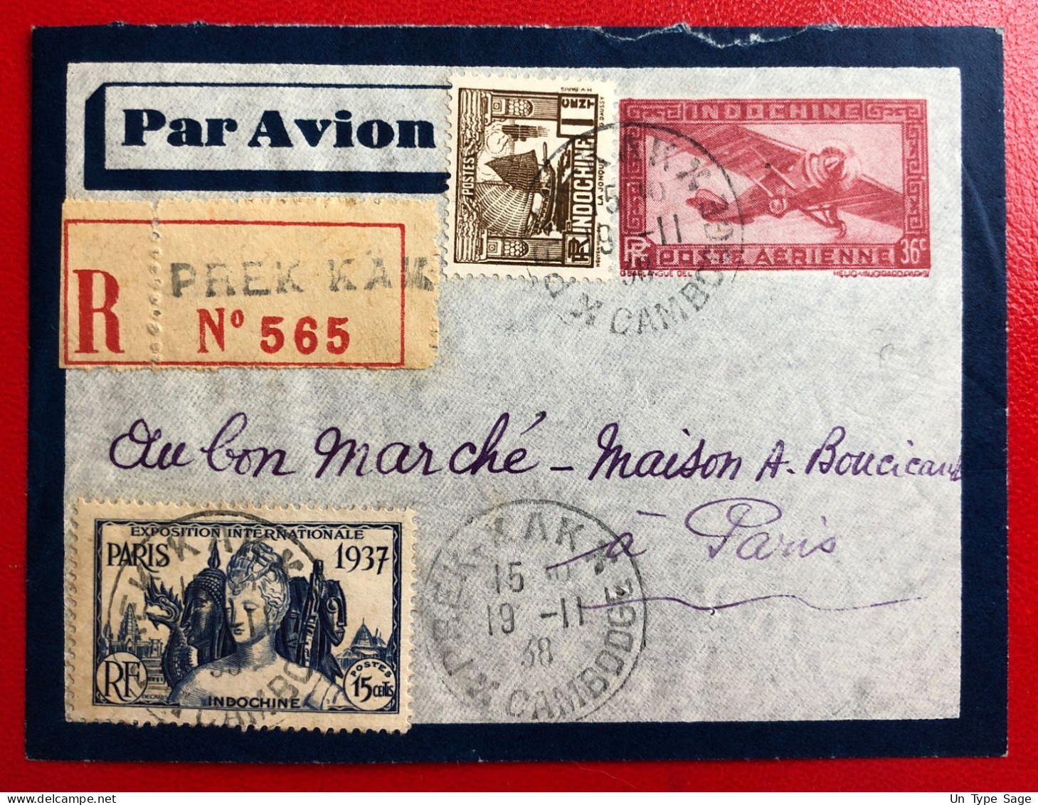 Indochine, Entier-Avion R. + Complément TAD PREK-KAK, Cambodge 19.11.1938 - Pour Paris - (C026) - Brieven En Documenten