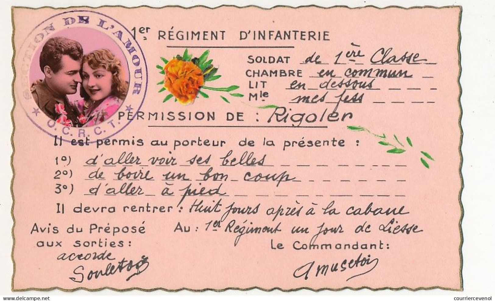 CPA - 1er Régiment D'Infanterie : Permission De Rigoler ... Fantaisie - Humour