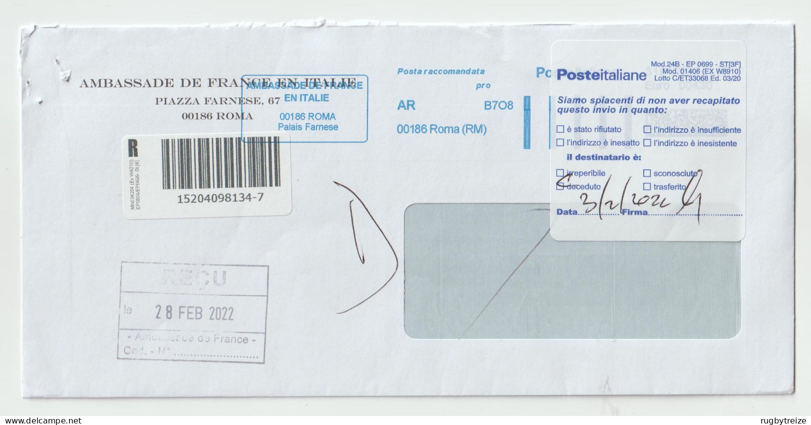 5293 ITALIE ITALIA Recommandé Registered NPAI Return To Sender Palais Farnese Ambassade Embassy Code Barre Bar - 2021-...: Storia Postale