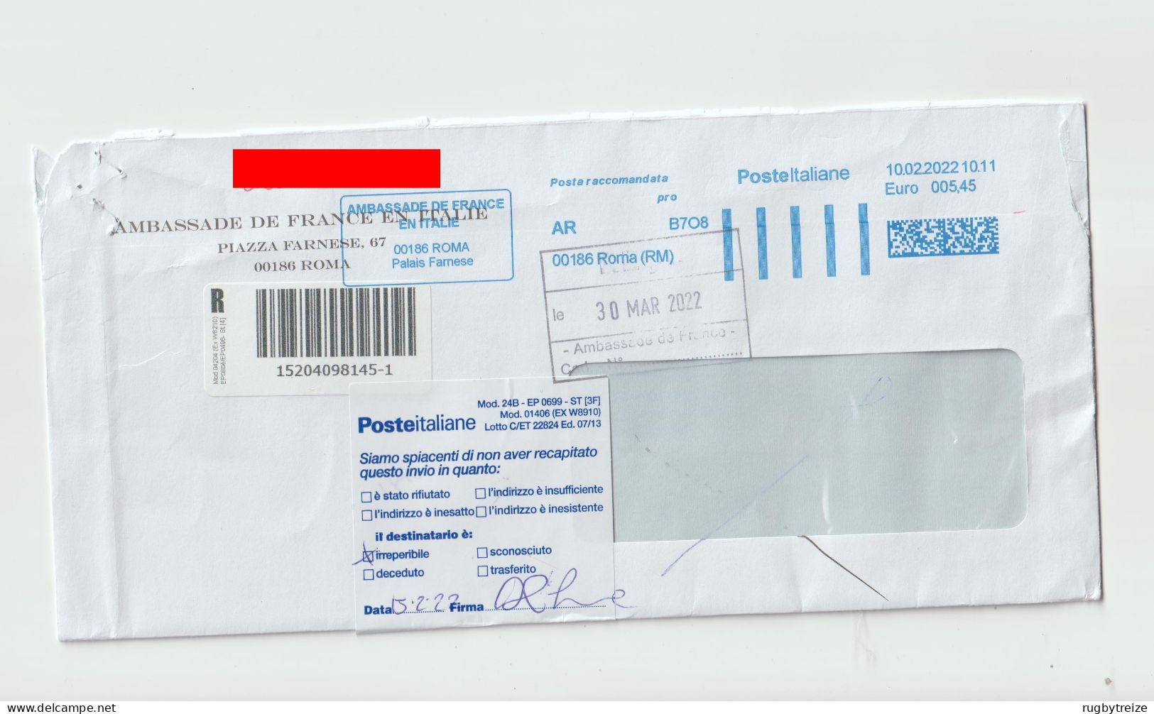 5301 ITALIE ITALIA Recommandé Registered NPAI Return To Sender Palais Farnese Ambassade Embassy Code Barre Bar - 2021-...: Poststempel