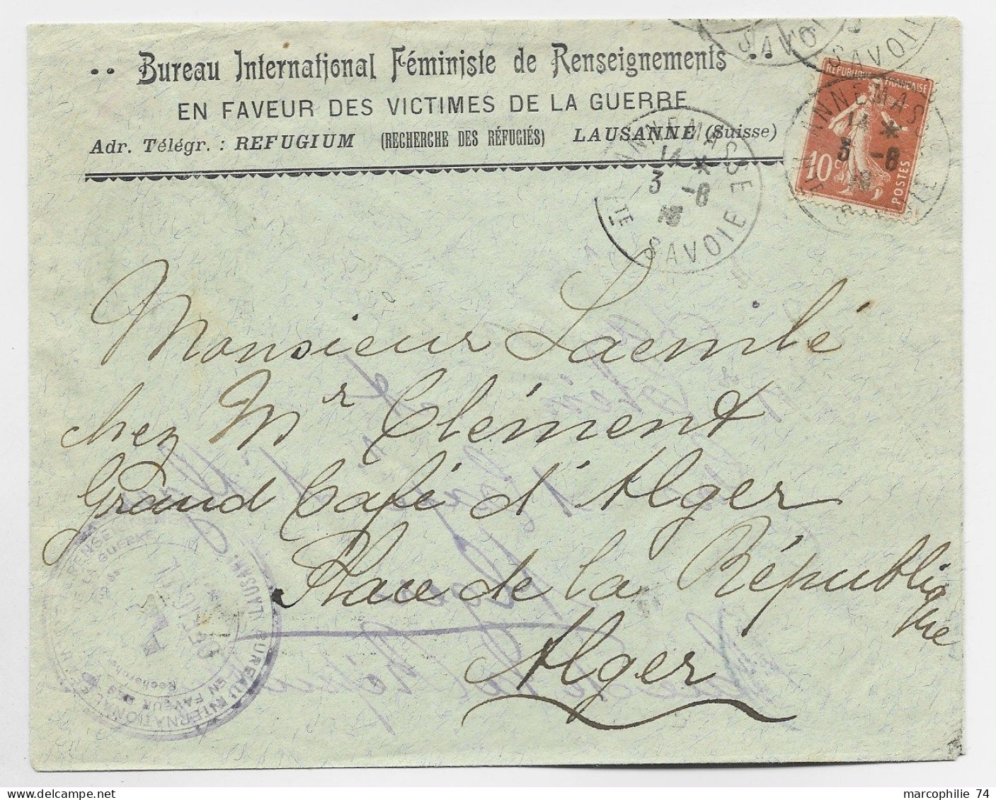 FRANCE N°138 ANNEMASSE 1916 HTE SAVOIE LETTRE COVER ENTETE BUREAU FEMINISTE GUERRE REFUGIUM REFUGIES LAUSANNE TO ALGERIE - Abstempelungen