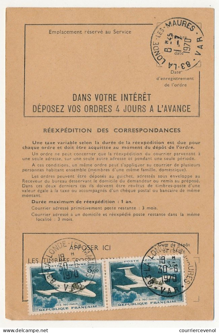 FRANCE - 12 ordres de réexpédition, affranchis timbres avions dont 5,00F Caravelle, combinaisons diverses