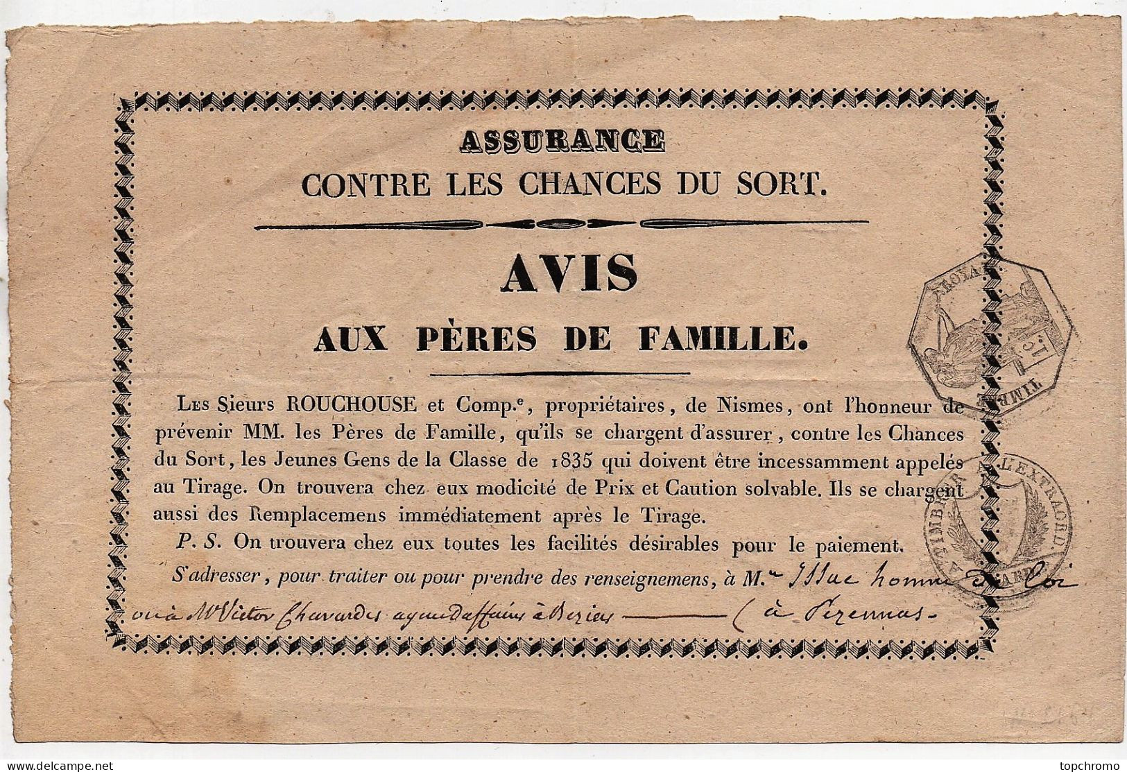 Assurance Contre Les Chances Du Sort Classe 1835 Sieurs Rouchouse Nismes (Nîmes) Timbres - Documents