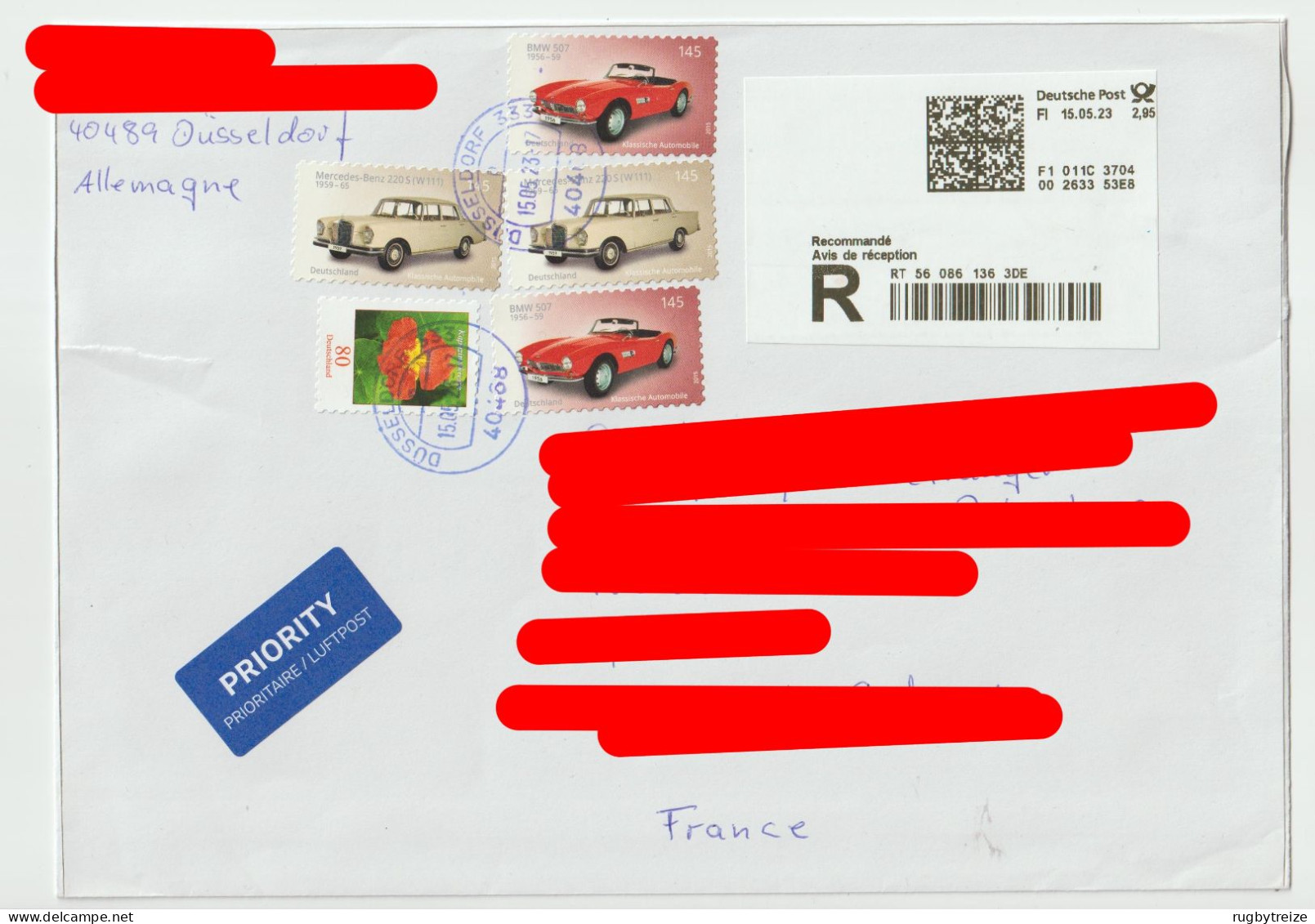 6667 Lettre Cover ALLEMAGNE DEUTSCHLAND Recommandé Registered Car Voiture BMW 507 Mercedes Benz 220 S Dusseldorf - Storia Postale