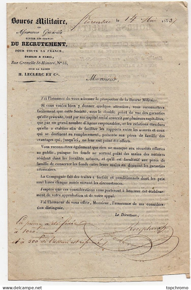 Bourse Militaire Ou Assurance Générale Contre Les Chances Du Recrutement 1833 4 Pages - Documents