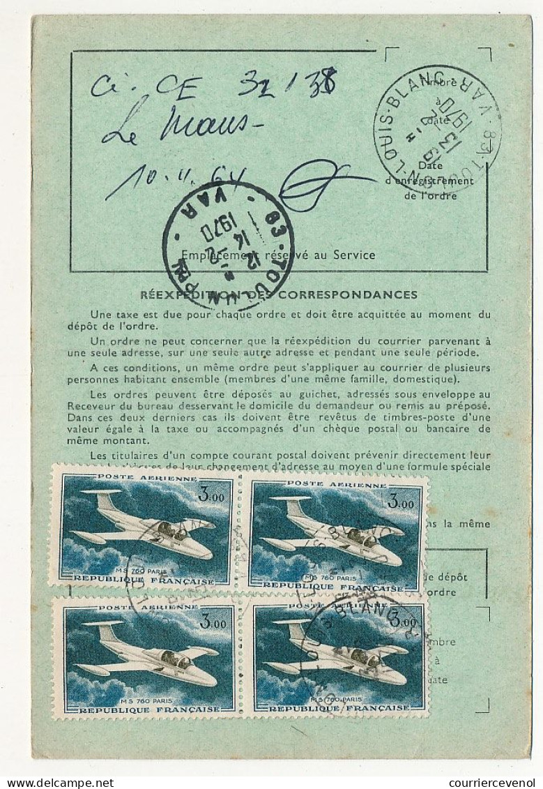 FRANCE - 12 ordres de réexpédition, affranchis timbres avions dont 5,00F Caravelle, combinaisons diverses