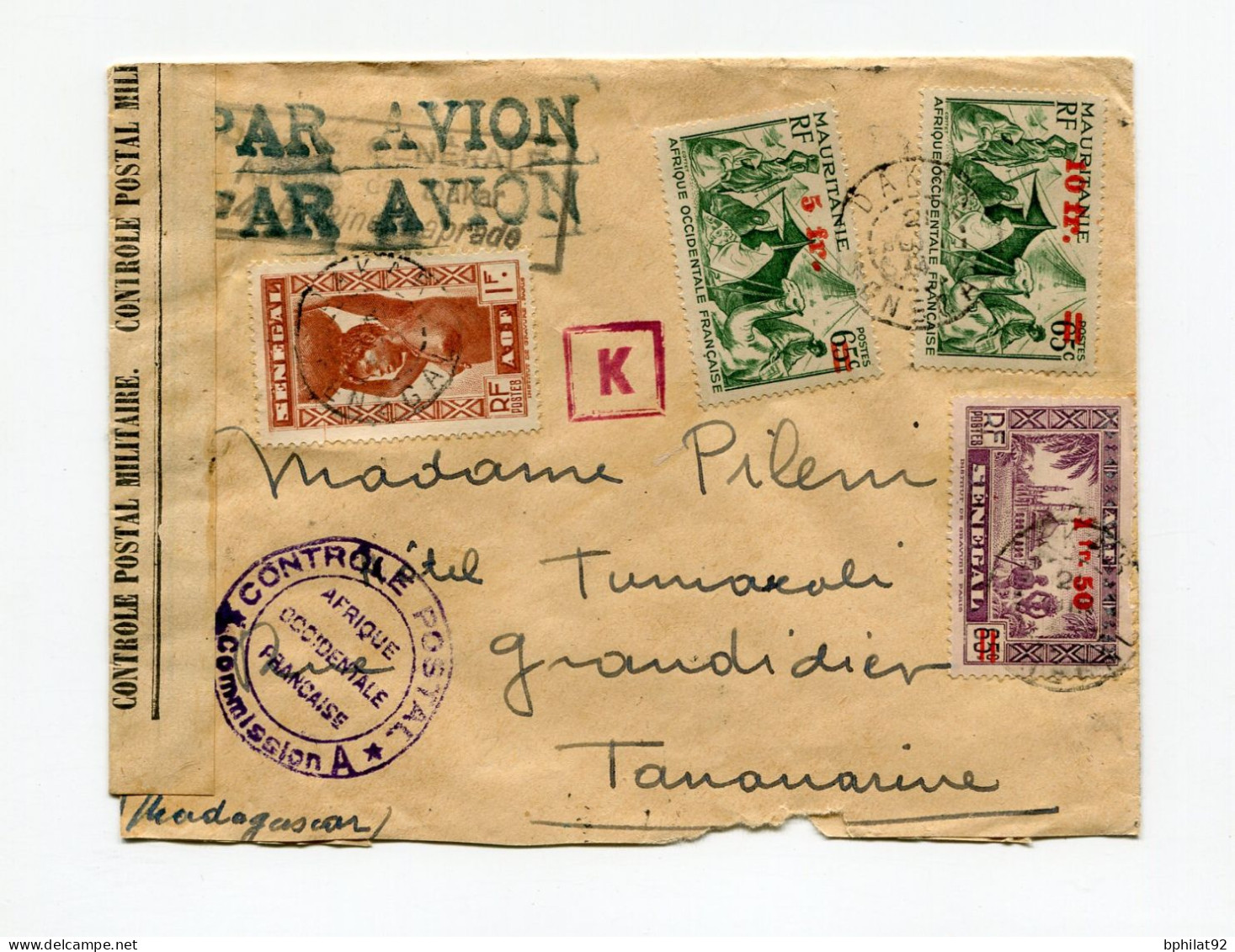 !!! LETTRE PAR AVION DE DAKAR DE 1943 POUR TANANARIVE, AVEC CENSURES - Covers & Documents