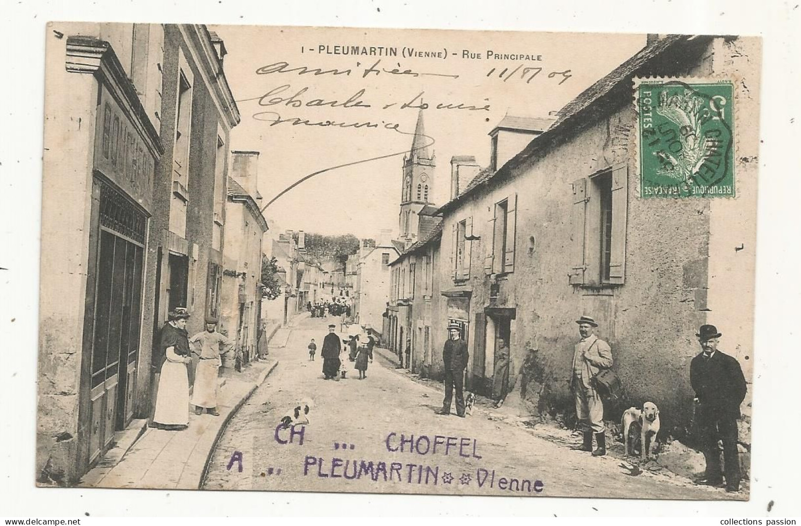 JC, Cp, 86, PLEUMARTIN, Rue Principale , Choffel , Voyagée 1909 - Pleumartin