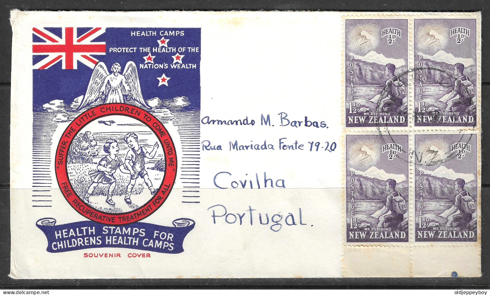 New Zealand 1954 Health Stamps SOUVENIR Cover To PORTUGAL WITH VIGNETTE HEALTH MOUNT ASPIRING Mountain Climbing - FDC