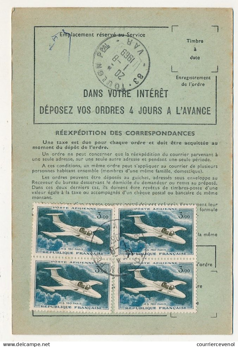 FRANCE - 12 ordres de réexpédition, affranchis timbres avions dont 5,00F Caravelle, combinaisons diverses