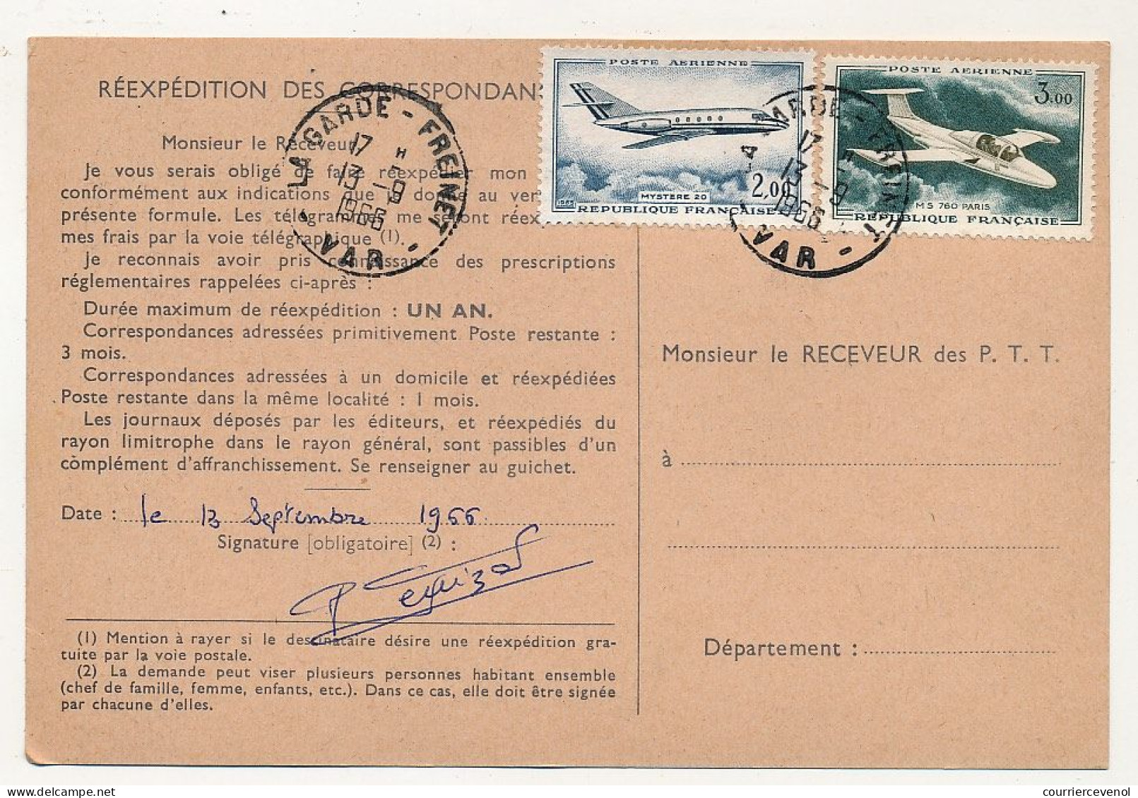 FRANCE - 12 ordres de réexpédition, affranchis timbres avions dont 5,00F Caravelle, combinaisons diverses