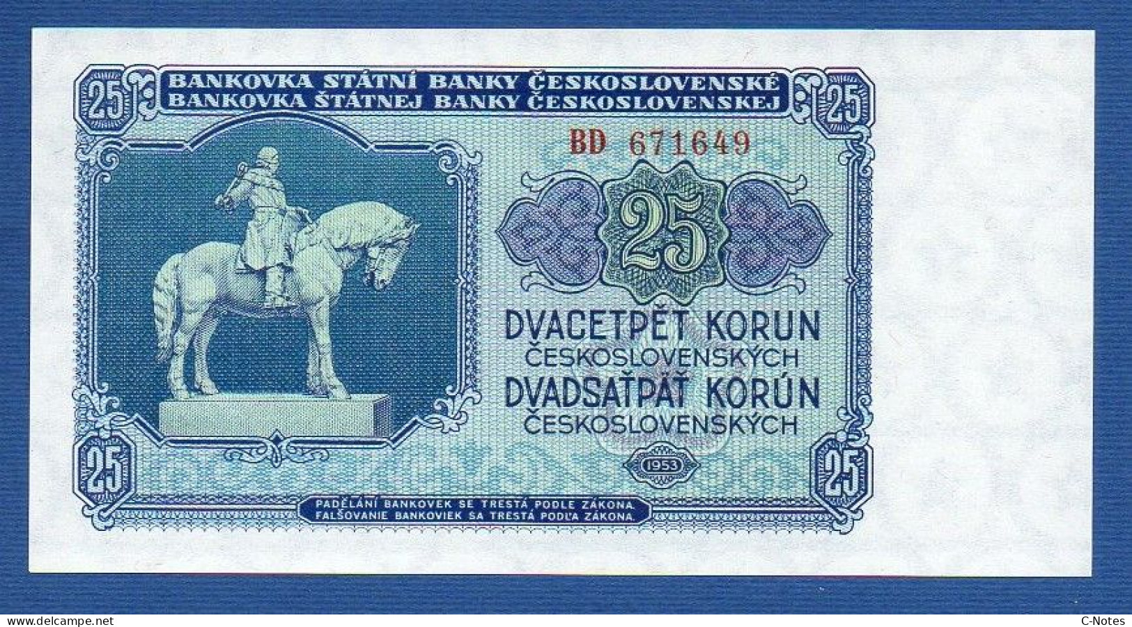 CZECHOSLOVAKIA - P.84a – 25 Korún Československých 1953 UNC, S/n BD671649 - Tschechoslowakei