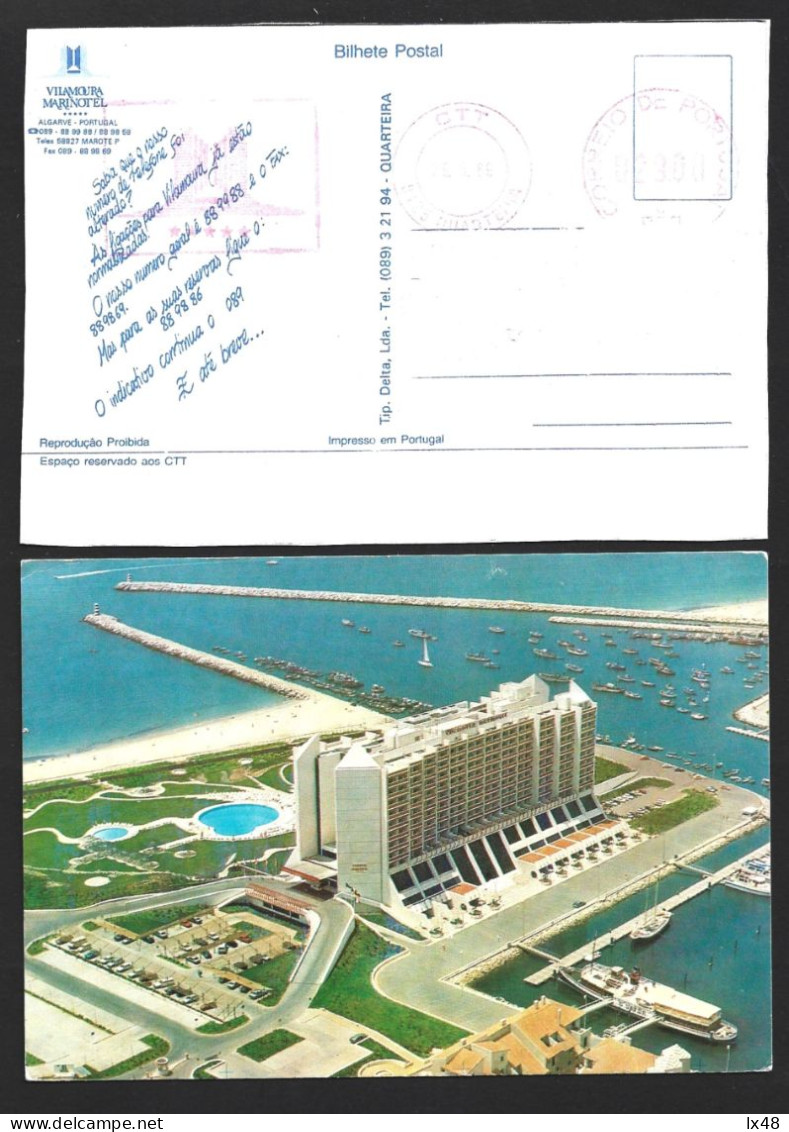 Postcard With Mechanical Obliteration From Marinotel Vilamoura, From Quarteira In 1989. Algarve. Rare. 2 Sc. Postkarte - Settore Alberghiero & Ristorazione