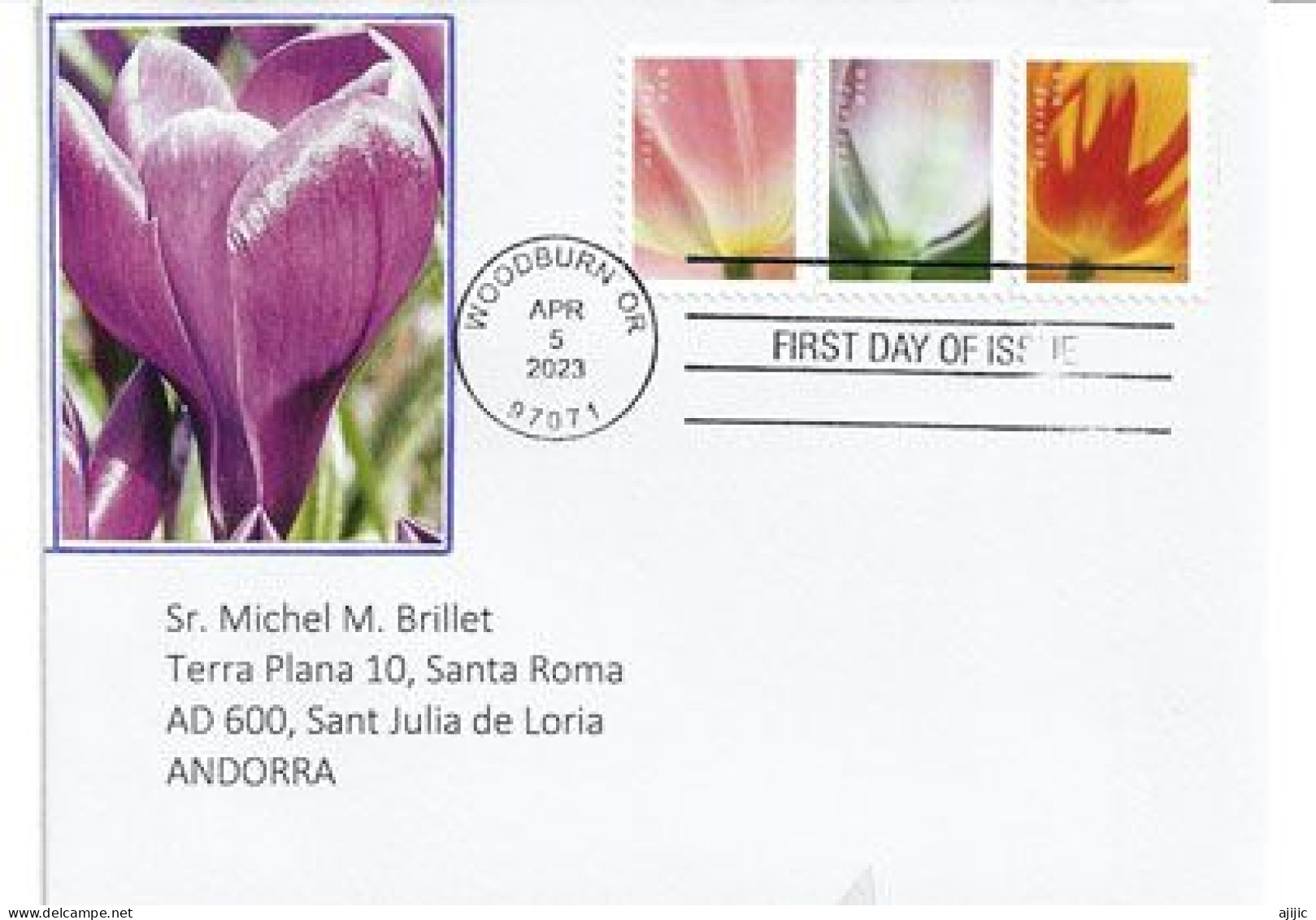 2023.  Tulips. FDC Oregon, Sent To Andorra (Principat). Europa - 2011-...