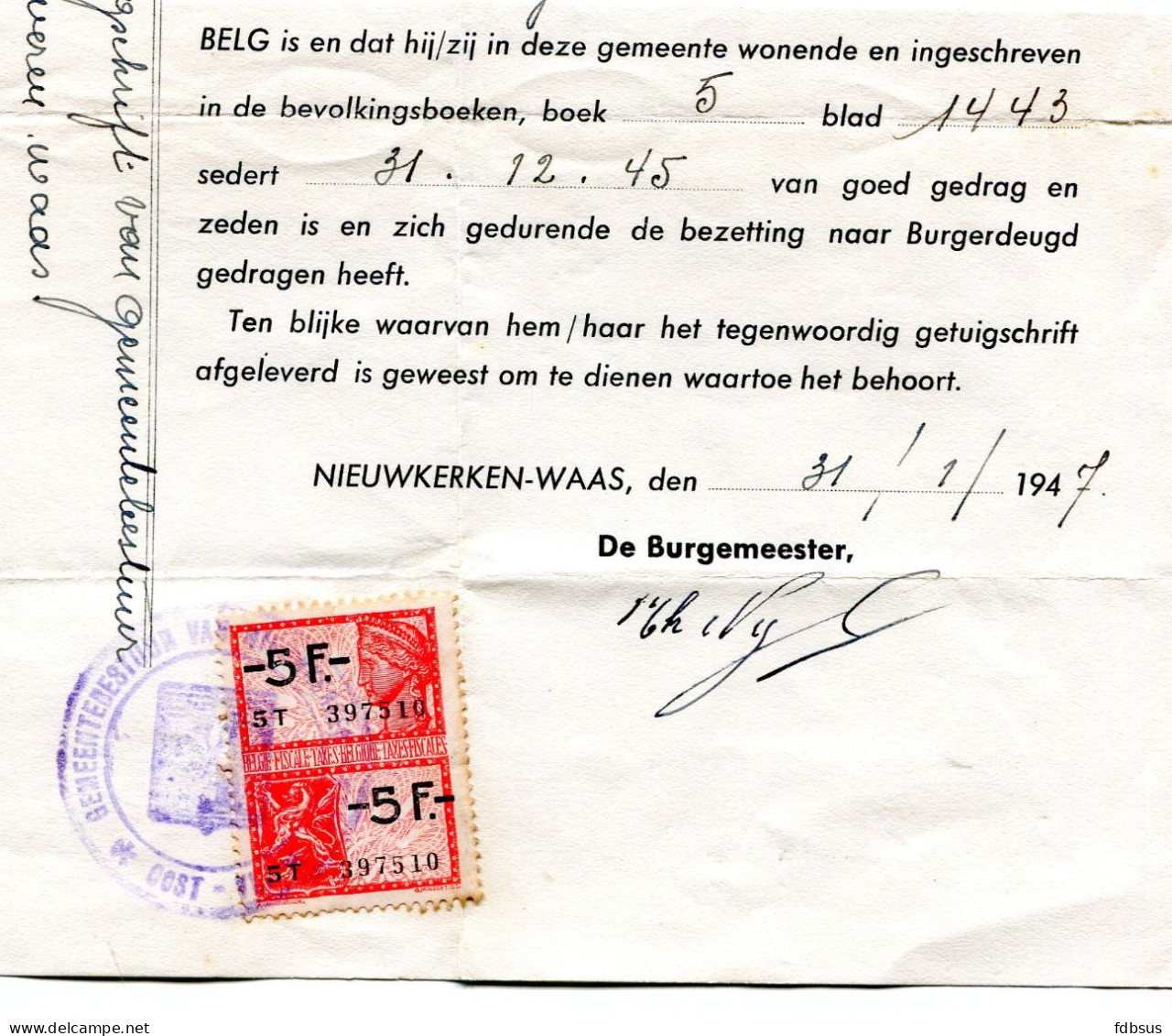 31/1/1947 Deel Van Getuigschrift Met Handtekening Van Burgemeester Theodoor Nijs Nieuwkerken Waas + Gemeente Stempel + - Documenti