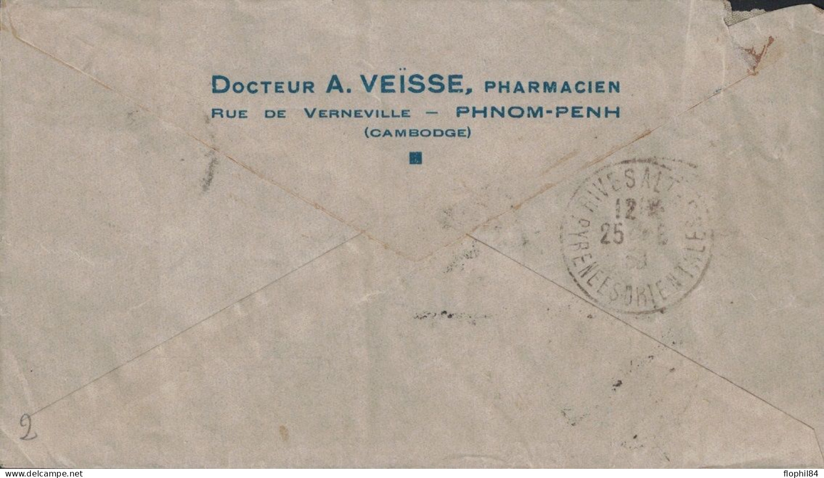 CAMBODGE - LETTRE AVION RECOMMANDEE DE PNOMPHENH - AFFRANCHISSEMENT TIMBRES INDOCHINE POUR RIVESALTES FRANCE - 19-8-39. - Cambodia