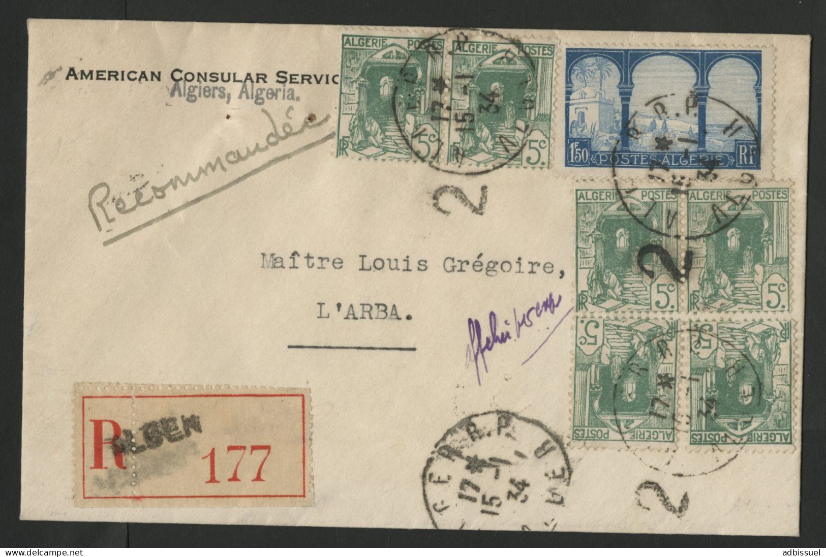 Recommandé D'ALGER En 1934 Avec Le N° 2 Devant Le Cachet à Date Voir Suite - Cartas & Documentos