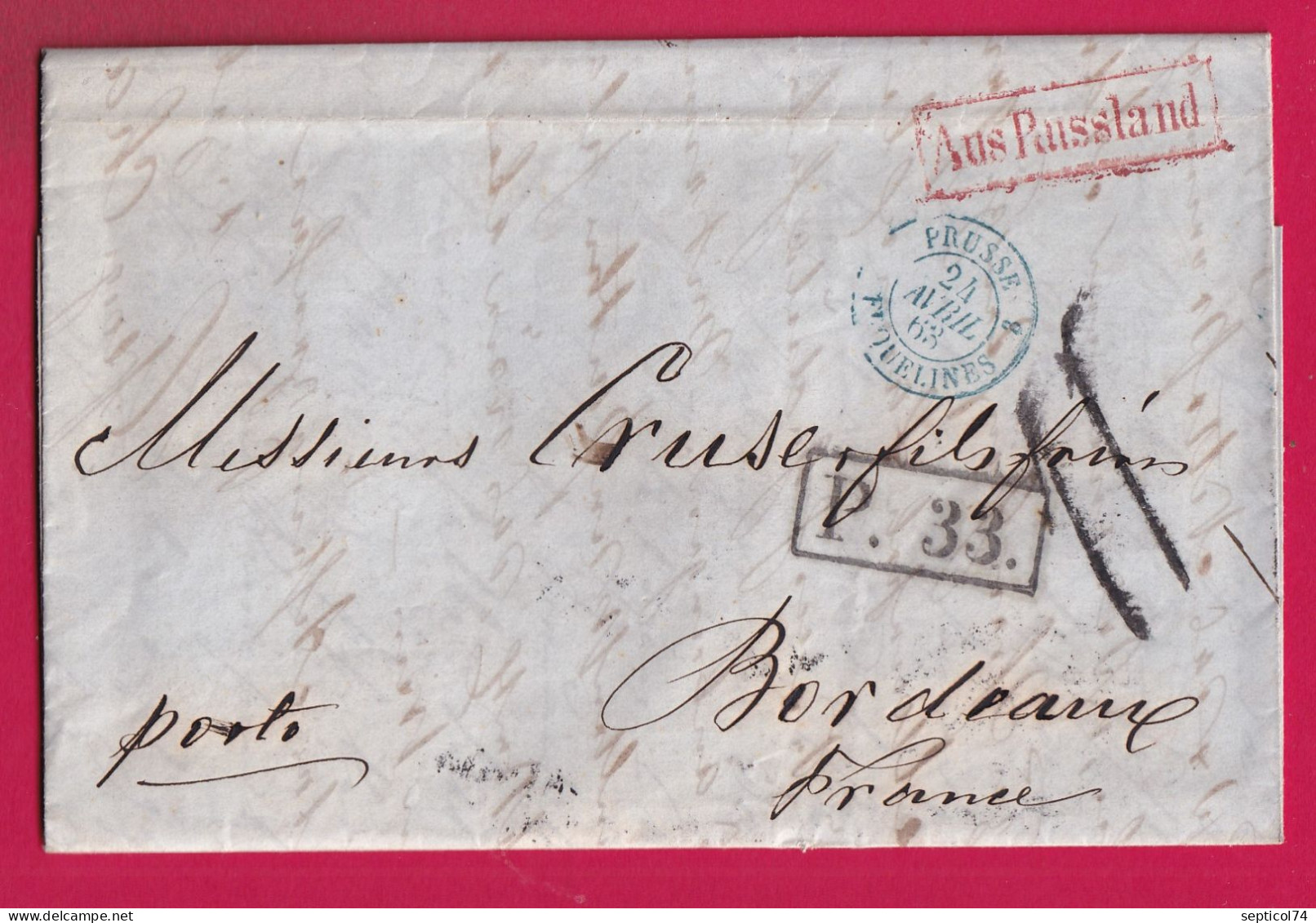 RUSSIE RUSSIA ST PETERSBURG 1863 AUS RUSSLAND EN ROUGE P33 ENTREE PRUSSE ERQUELINE POUR BORDEAUX LETTRE COVER - ...-1857 Prephilately