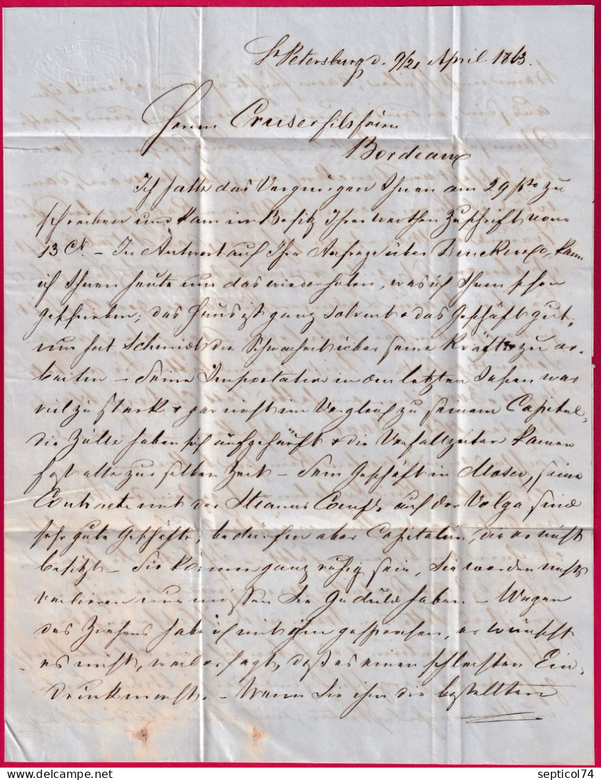 RUSSIE RUSSIA ST PETERSBURG 1863 AUS RUSSLAND EN ROUGE P33 ENTREE PRUSSE ERQUELINE POUR BORDEAUX LETTRE COVER - ...-1857 Préphilatélie