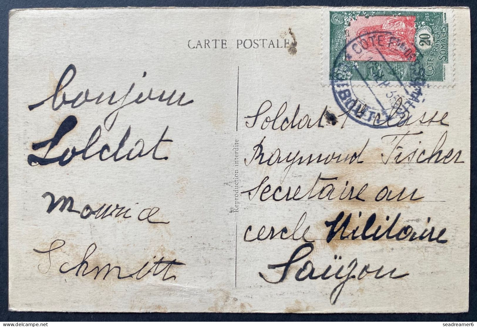 Carte De DJIBOUTI N°124 20c Vert Et Rouge De 1935 Pour SAIGON à Un Militaire Interessant... - Briefe U. Dokumente