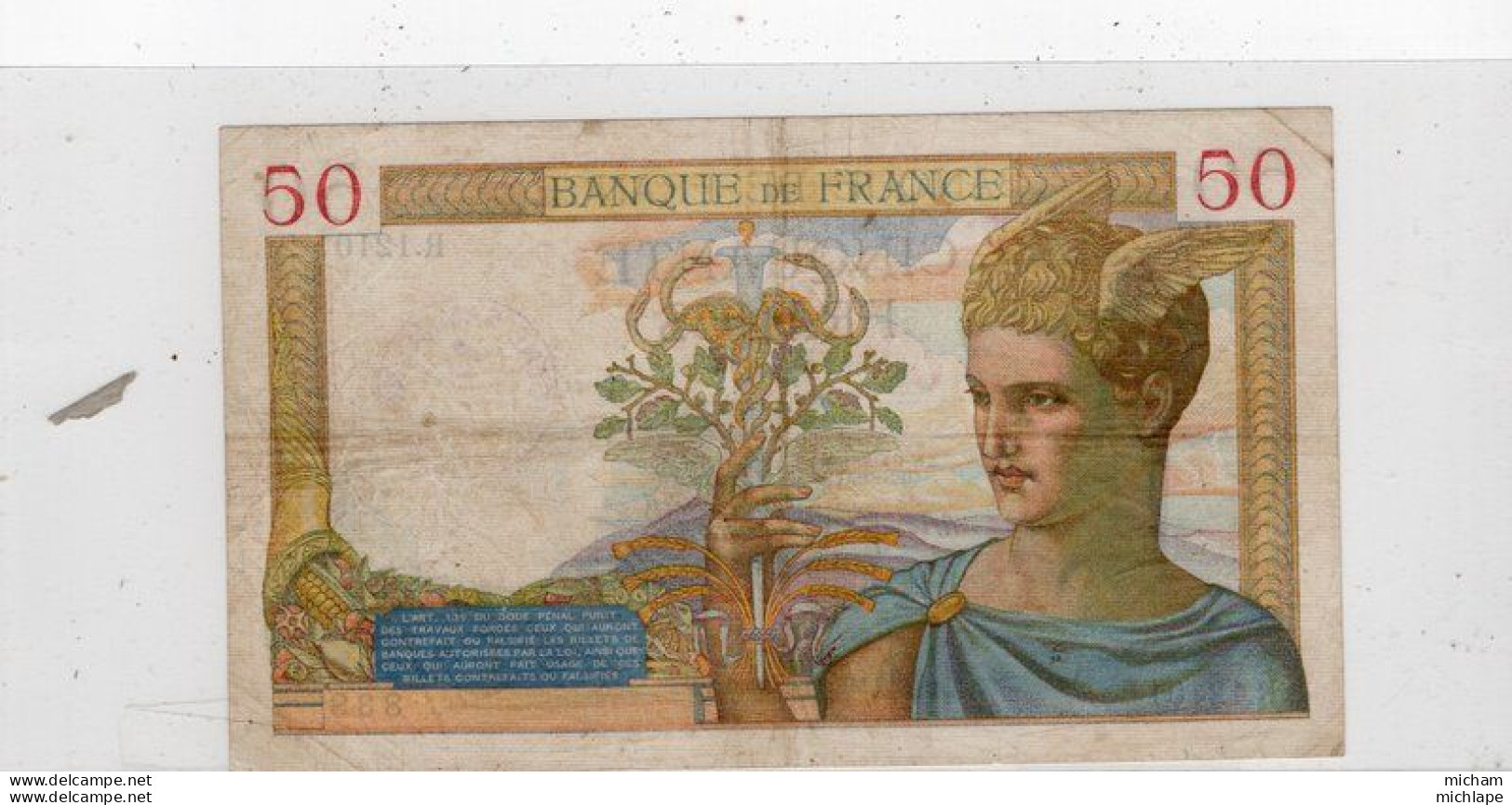 Billet -  FRANCE - 50 Francs CERES -  M E .11 - 1 - 1940 . ME   - R .12101 - 50 F 1934-1940 ''Cérès''