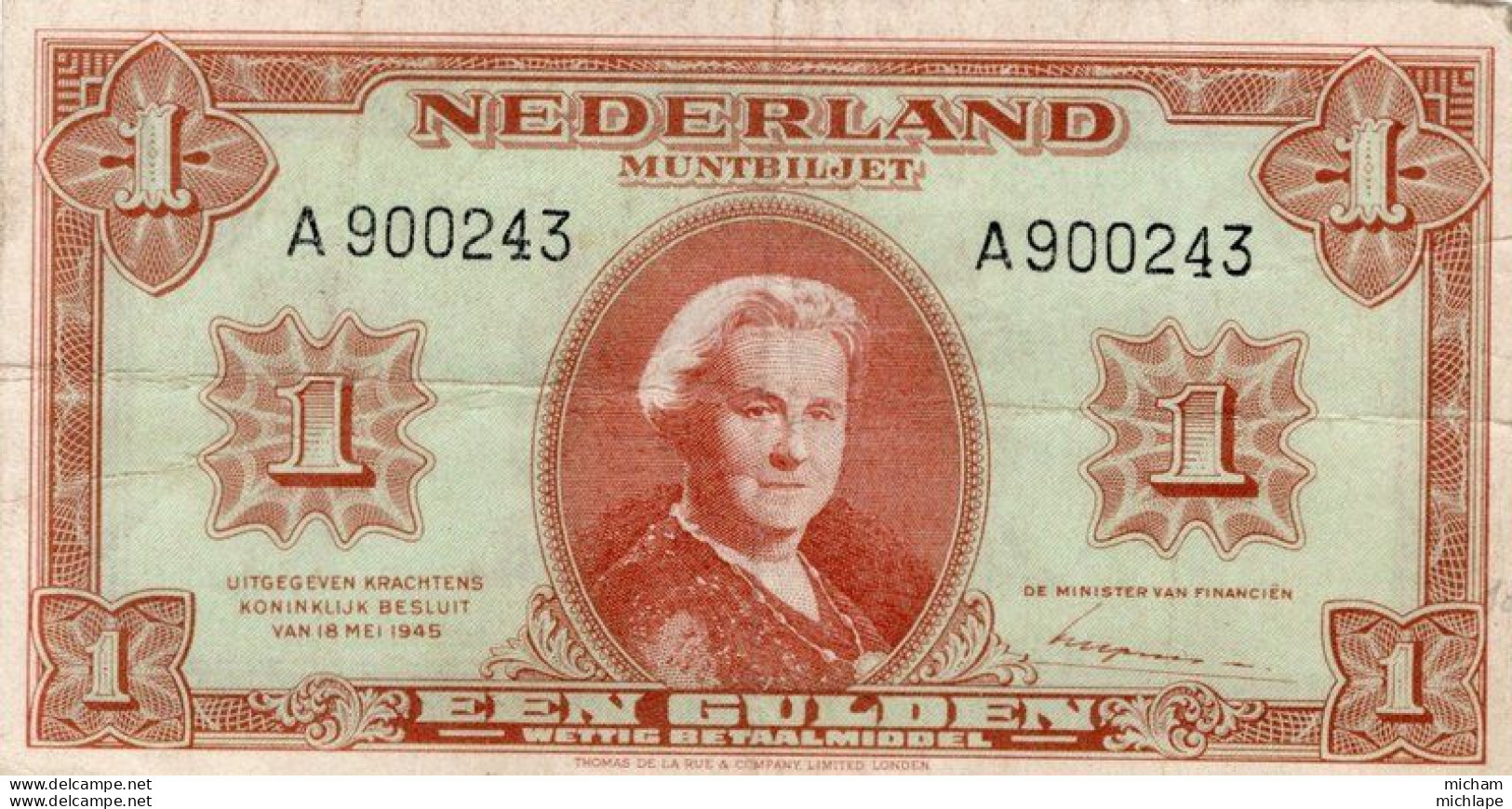 Billet - PAYS BAS - 1 Gulden - Nederland -   A  900243  - Mai 1945 - Other & Unclassified