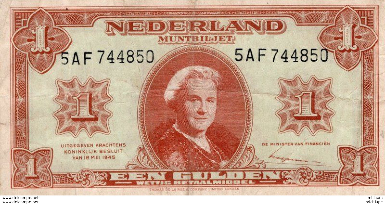Billet - PAYS BAS - 1 Gulden - Nederland -   5 A F 744850  - Mai 1945 - Autres & Non Classés