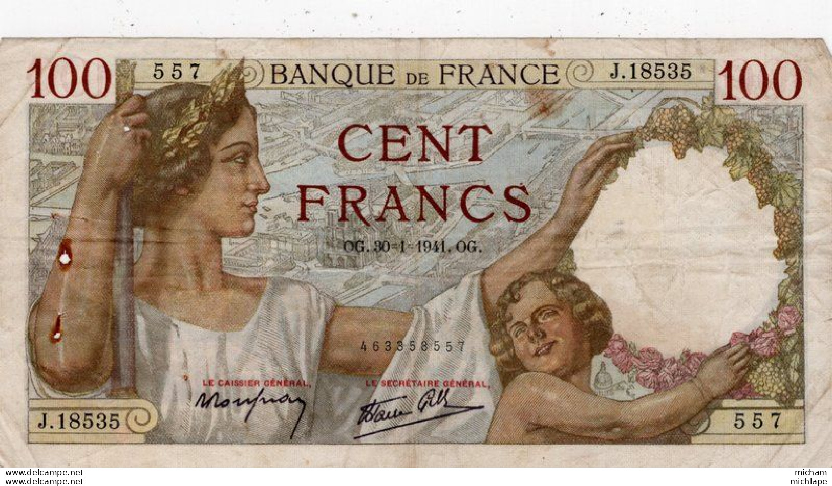 Billet -  FRANCE - 100 Francs  SULLY  - O G . 30 -1- 1941    J . 18535 - 100 F 1939-1942 ''Sully''