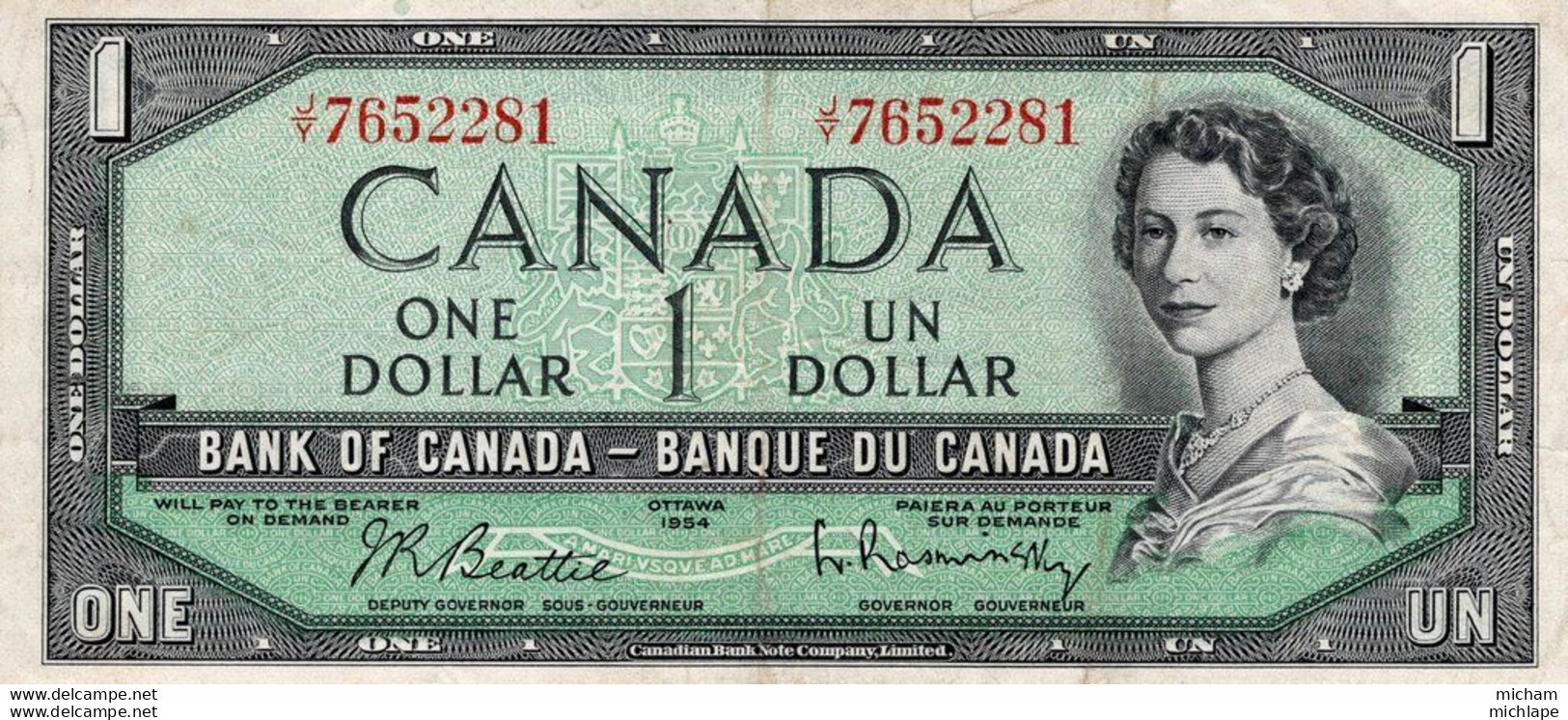 Billet CANADA  One Dollar 1954 N°7652281 J - Y Ce Billet A Circulé - Canada
