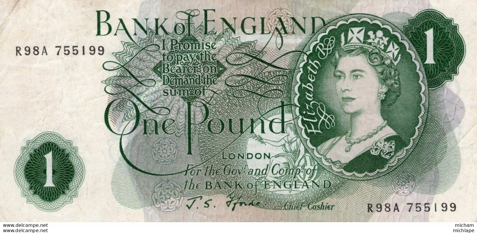 Billet  BANK OF ENGLAND ONE POUND N °R 98 A 755199  Ce Billet A Circulé - Altri & Non Classificati