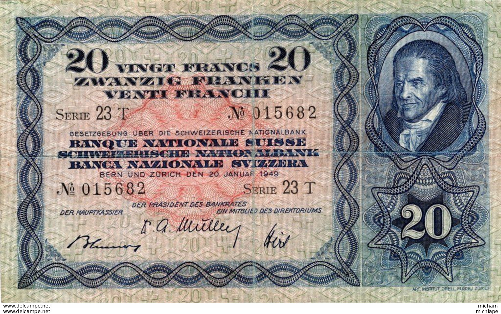 Billet   SUISSE 20 FRANCS  1949  N° 015682 Serie  23 T Ce Billet A Circulé - Switzerland
