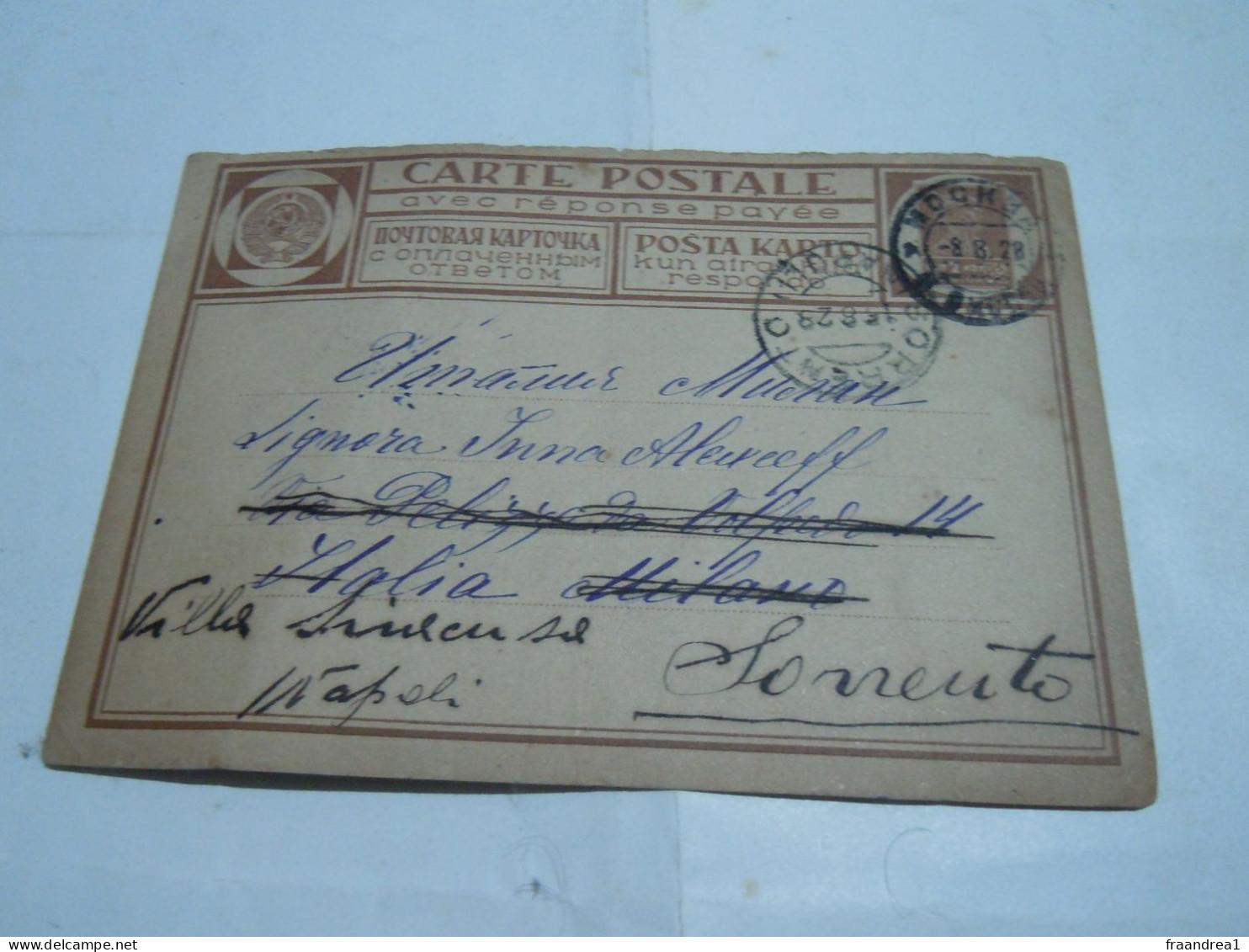 Russia USSR Postal Stationery Postcard Cover 1928  TO SORENTO ITALY - Briefe U. Dokumente