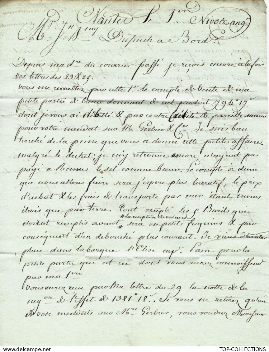 1800  LETTRE Sign. Le Vicomte » Nantes Pour Dupuch à Bordeaux  ARMATEUR NEGOCIANT ET TRAITE NEGRIERE V.HISTORIQUE - 1800 – 1899