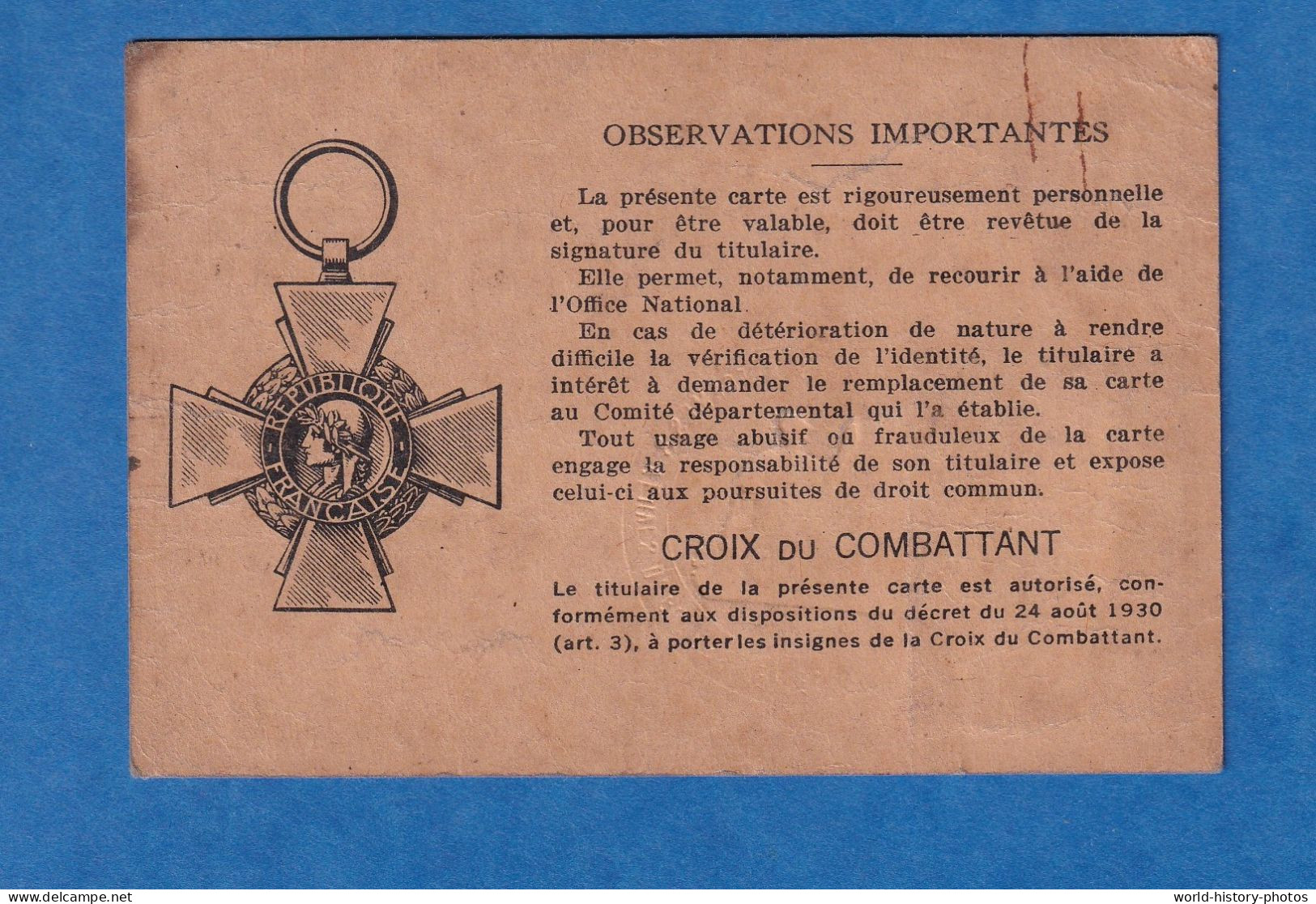 Carte Ancienne Du Combattant - 1936 - Georges André Domicilié à COURBEVOIE - Né à Le Bailleul Sarthe - Poilu WW1 - Documents