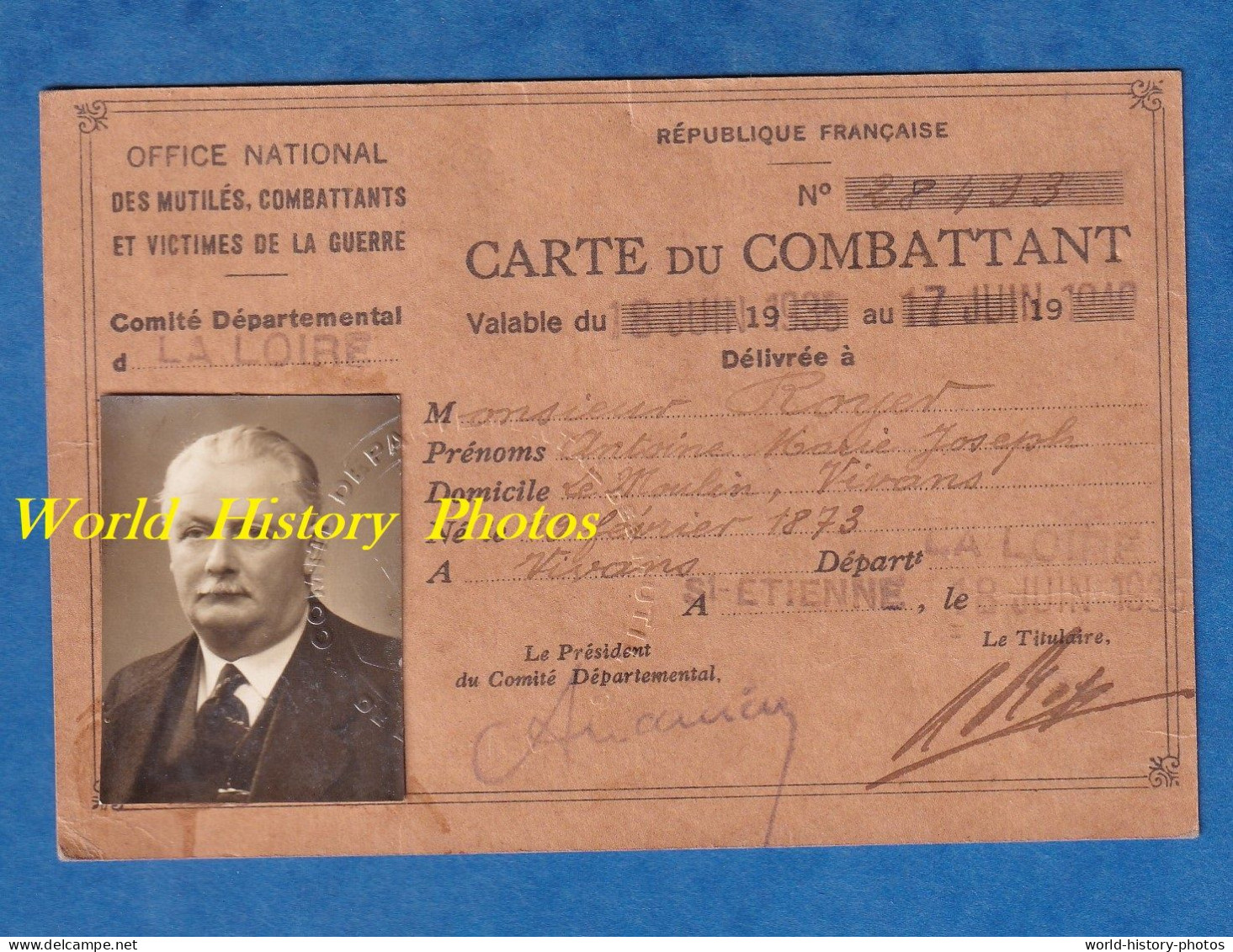 Carte Ancienne Du Combattant - 1935 - Antoine Marie Joseph ROYER , Né En 1873 - Domicilié à VIVANS Loire - Poilu WW1 - Documents