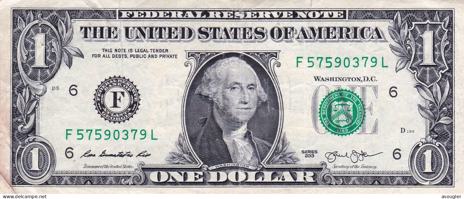 USA 1 Dollar Of Federal Reserve Notes 2013 ATLANTA  F-L  VF "free Shipping Via Regular Air Mail (buyer Risk)" - Bilglietti Della Riserva Federale (1928-...)