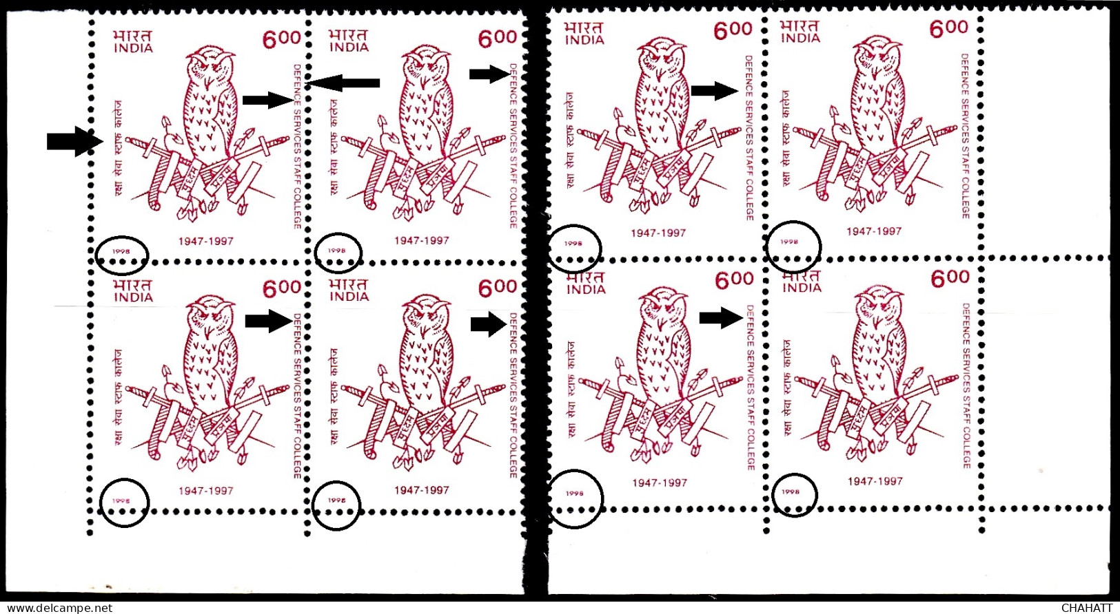 INDIA-1998- DEFENCE SERVICES STAFF COLLEGE- OWL INSIGNIA- FRAME SHIFTING- 2 X BLOCKS OF 4- ONE WITH ERROR-MNH-A5-36 - Plaatfouten En Curiosa