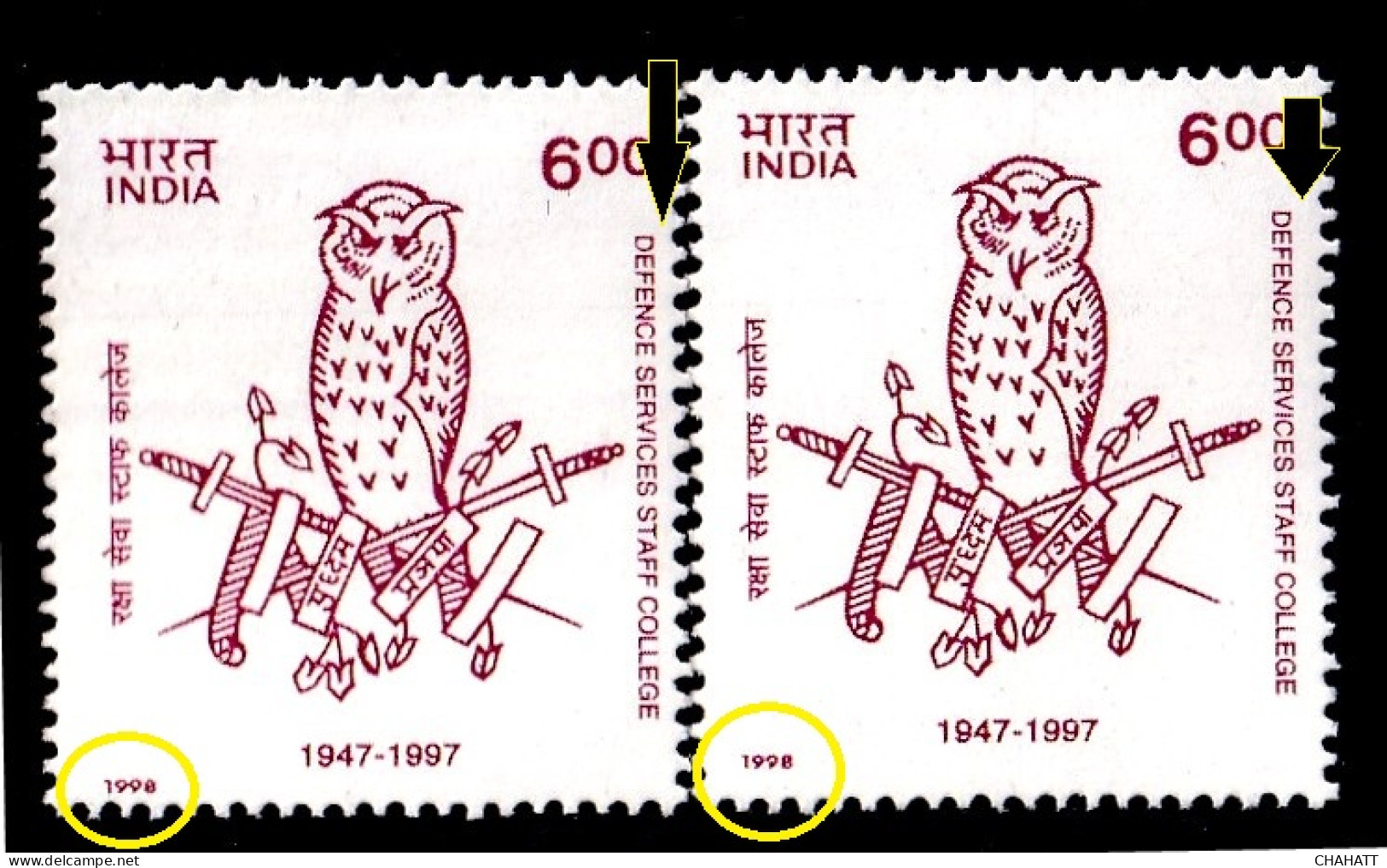 INDIA-1998- DEFENCE SERVICES STAFF COLLEGE- OWL INSIGNIA- FRAME SHIFTING- ONE WITH ERROR-MNH-A5-36 - Errors, Freaks & Oddities (EFO)