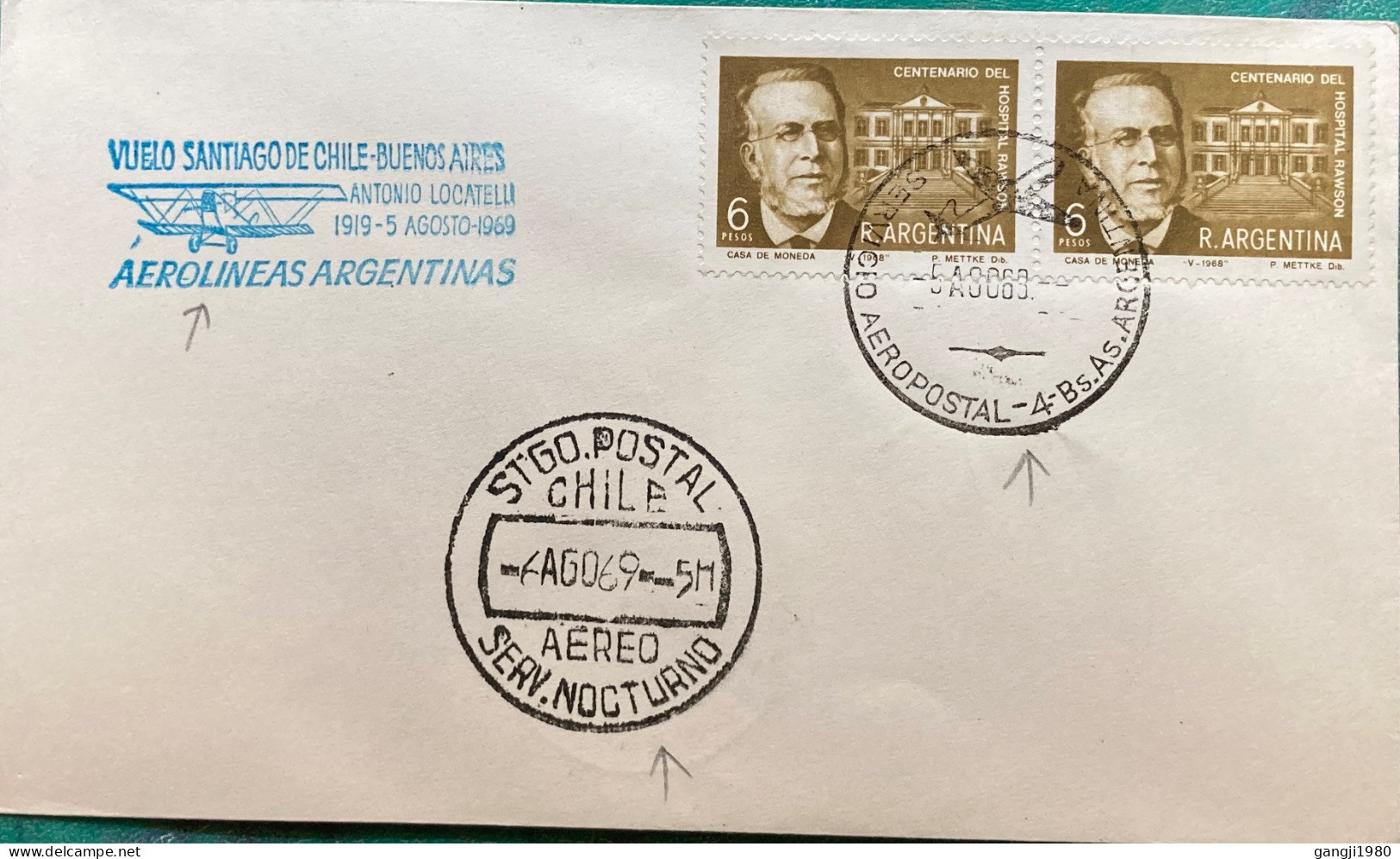 ARGENTINA-CHILE 1969, FIRST FLIGHT COVER, VUELO CHILE SANTIAGO - BUENOS AIRES, AIROLINEAS ARGENTINA, RANSON HOSPITAL STA - Brieven En Documenten