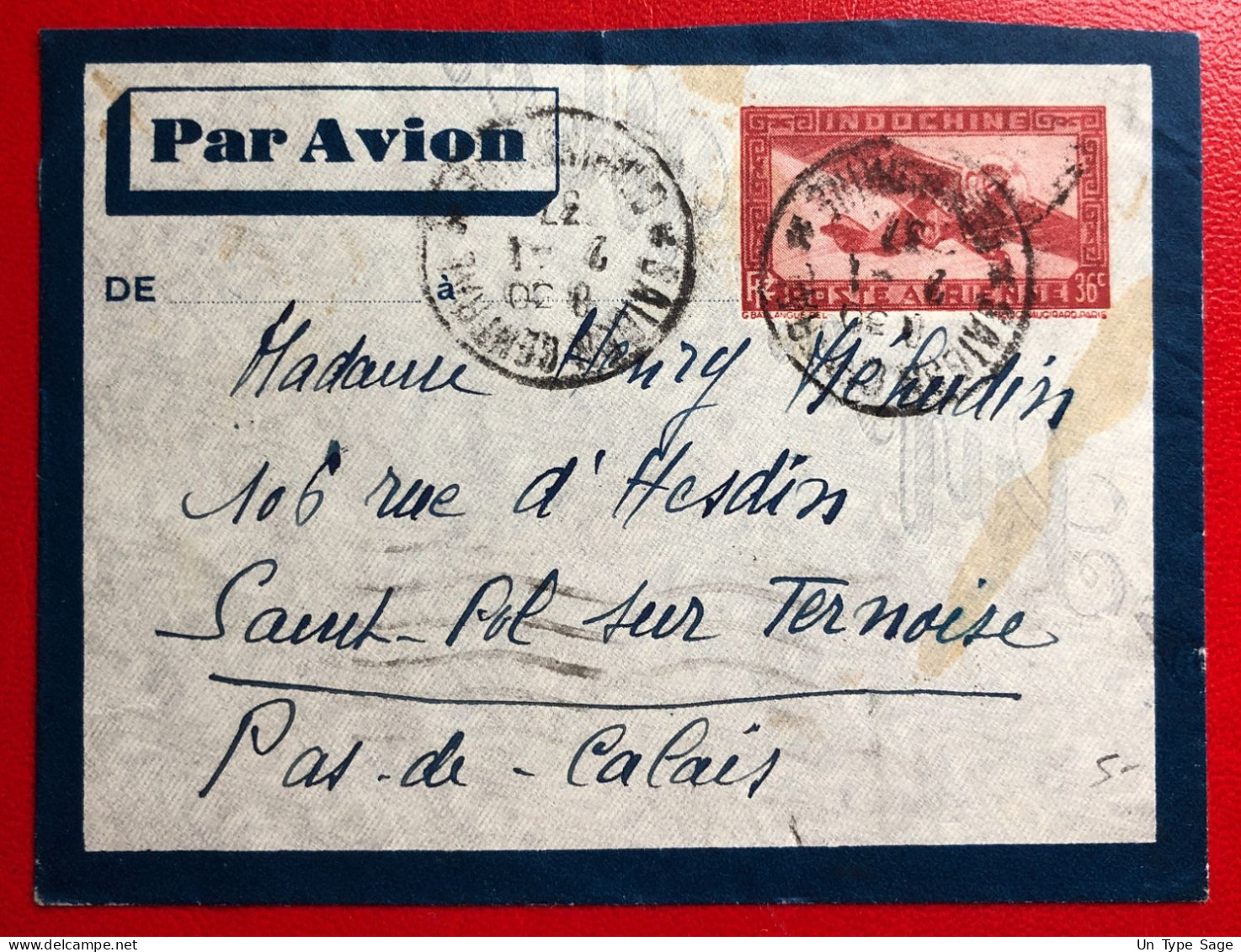 Indochine, Entier-Avion TAD SAIGON CENTRAL, Cochinchine 2.1.1937, Pour La France - (A405) - Brieven En Documenten