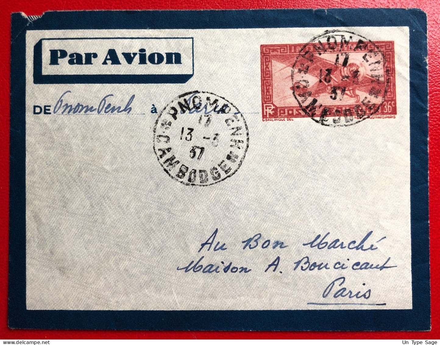 Indochine, Entier-Avion TAD PHNOM PENH, Cambodge 13.3.1937, Pour La France - (A426) - Covers & Documents