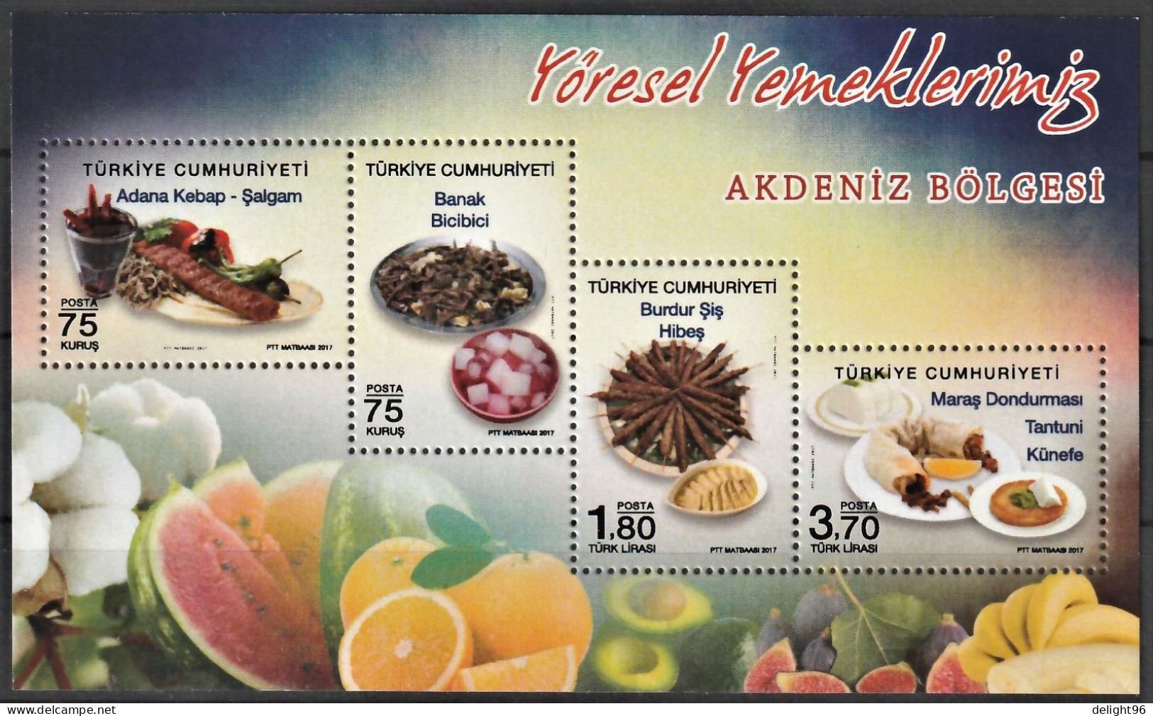 2017 Turkey Regional Cuisine: Mediterranean Coast Minisheet (** / MNH / UMM) - Alimentation