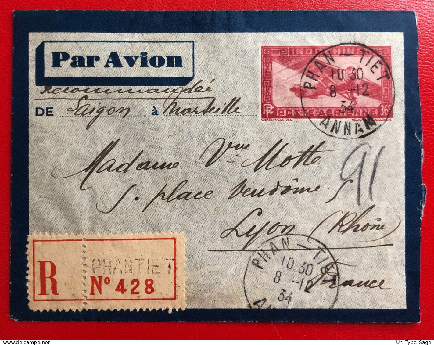 Indochine, Entier-Avion TAD PHAN-TIET, Annam, 8.12.1934, Pour La France - (A518) - Cartas & Documentos